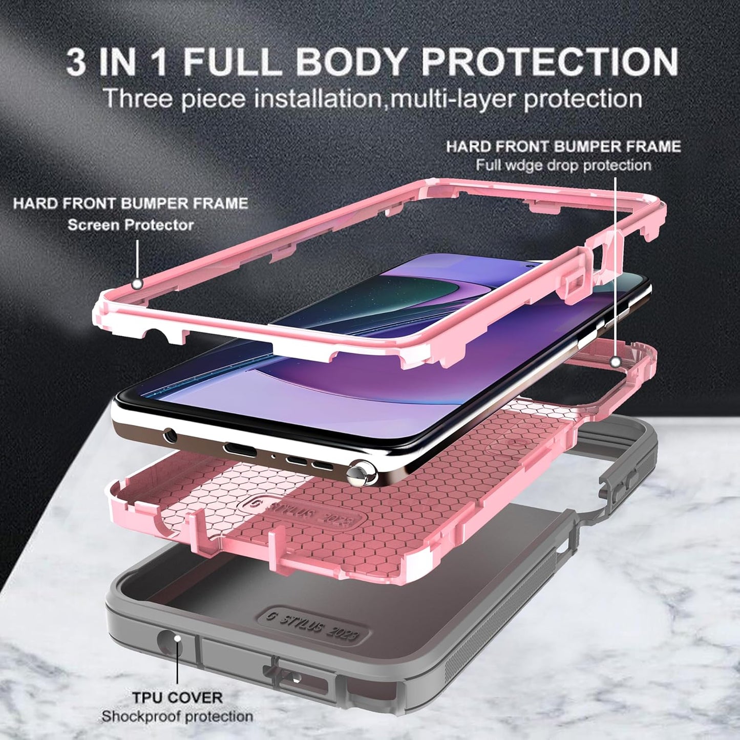 YmhxcY Moto G Stylus 5G (2023) Case - 3-in-1 Heavy Duty Rubber Protection Cover,Military Grade Shockproof Secure Layered Moto G Stylus 5G (2023) Phone Case-Grey/Pink