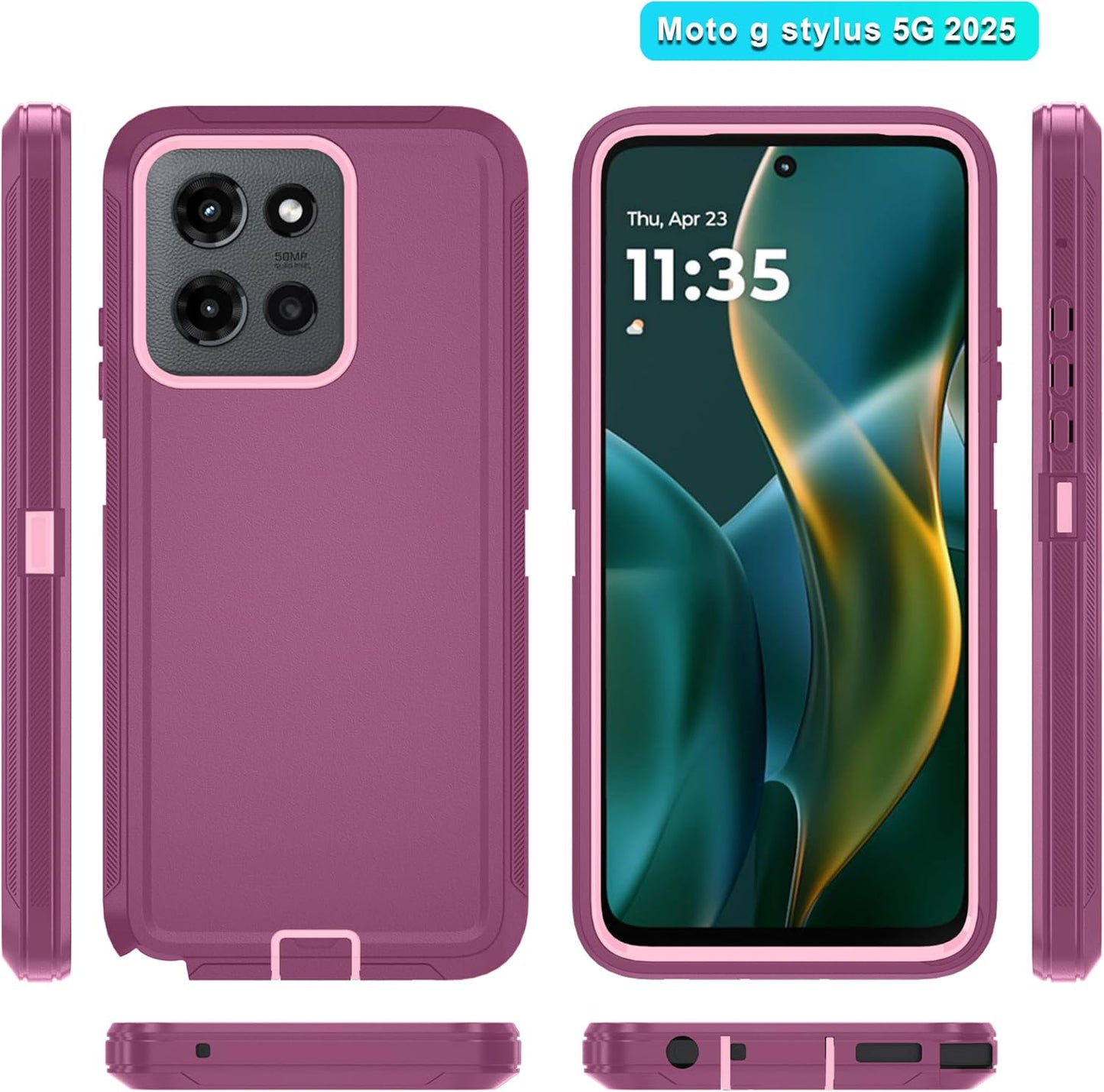 Qinmay Phone Case for Motorola Moto G Stylus 5G 2025 Case with HD Screen Protector, Heavy Duty Shockproof & Cover Phone Case for Moto G Stylus 2025,WineRedPink