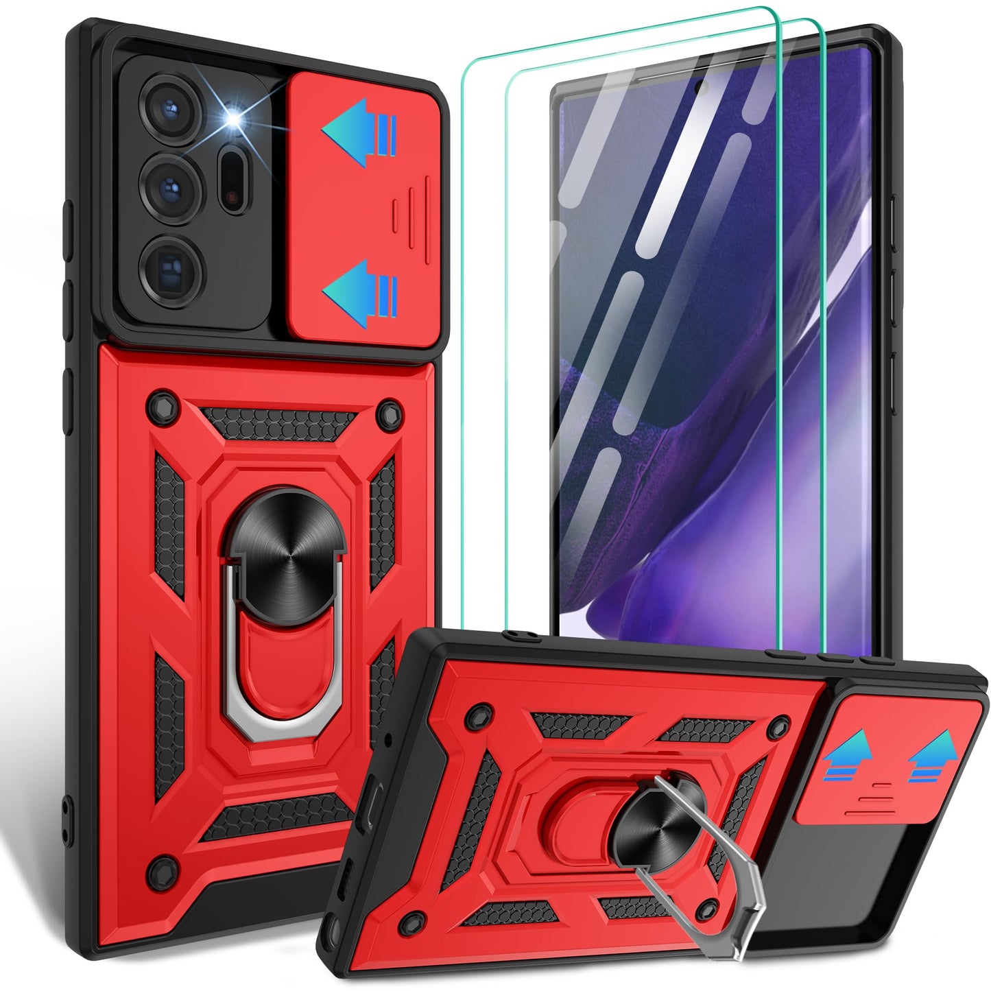 for Samsung Galaxy Note20 Case with Slide Camera Cover, Military-Grade Protection, 360 Rotating Kickstand, Includes 1 Pack HD Screen Protectors丨Black