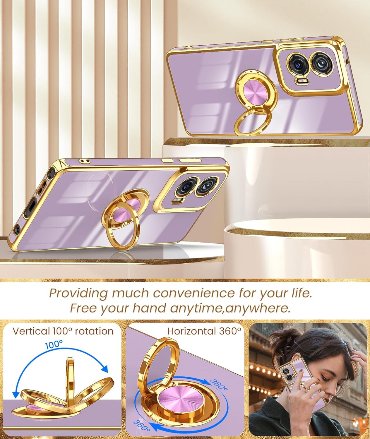 Dretal for Moto G Stylus 5G 2024 Case, 2X Screen Protector, 360° Rotatable Ring Holder Magnetic Kickstand,Plated Gold Edge Slim Soft TPU Protective Cover for Motorola G Stylus 5G (Purple)