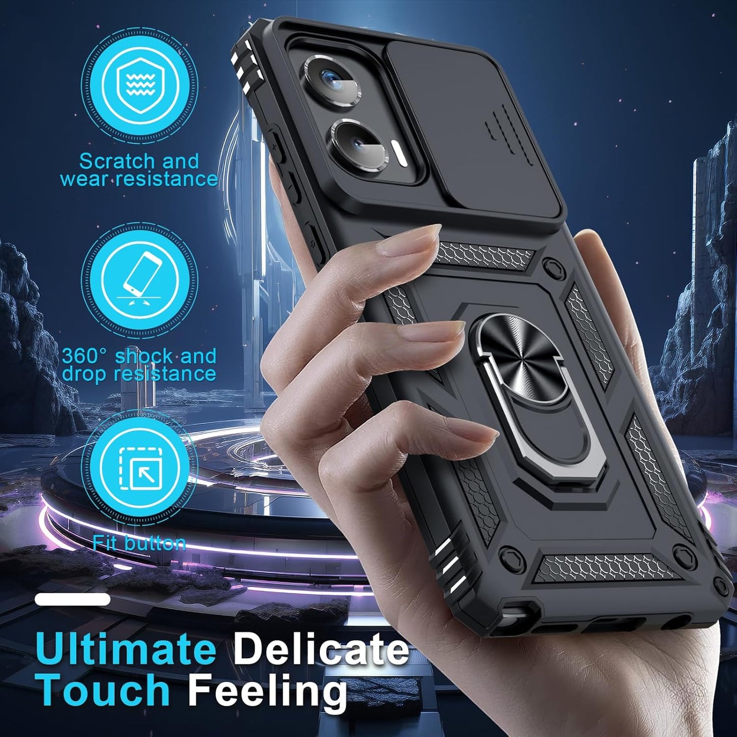 Janmitta Compatible with Moto G Stylus 5G 2024 Case Built in Slide Camera Lens Cover+Screen Protector+Finger Ring Holder Kickstand,Heavy Duty Shockproof Full Body Protective Phone Cover,Black