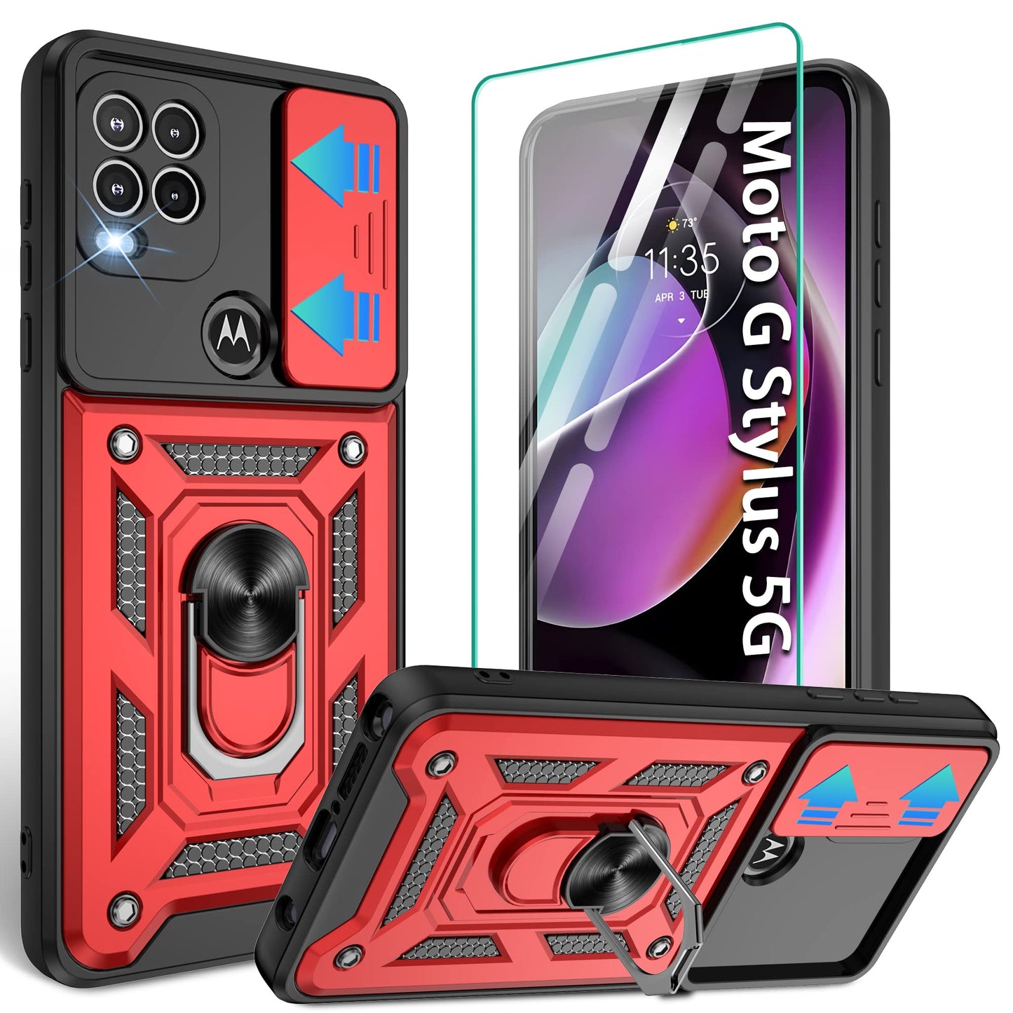 Gritup for Moto G Stylus 5G-2023 Case with Slide Camera Cover | 2-Pack HD Screen Protectors | 360° Rotating Metal Kickstand | MIL-Grade Shockproof Protection,Black