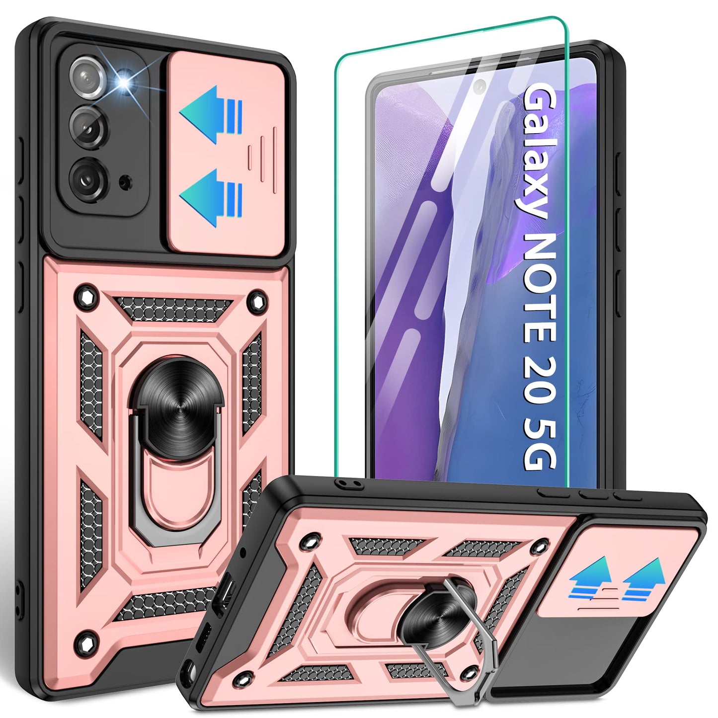 for Samsung Galaxy Note20 Case with Slide Camera Cover, Military-Grade Protection, 360 Rotating Kickstand, Includes 1 Pack HD Screen Protectors丨Black