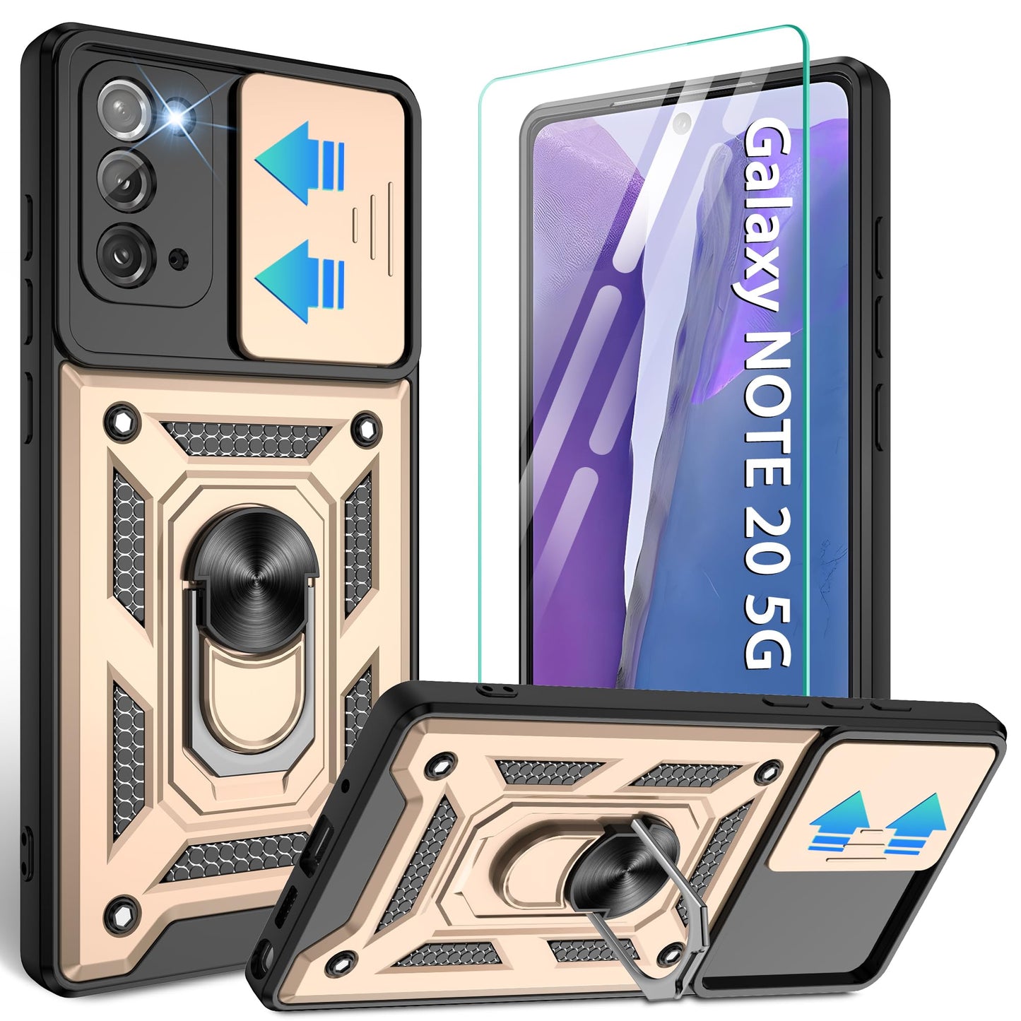 for Samsung Galaxy Note20 Case with Slide Camera Cover, Military-Grade Protection, 360 Rotating Kickstand, Includes 1 Pack HD Screen Protectors丨Black