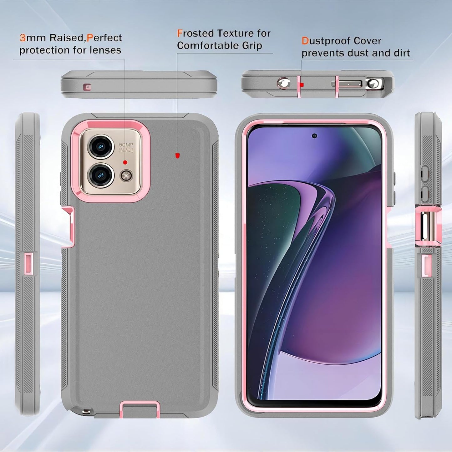 YmhxcY Moto G Stylus 5G (2023) Case - 3-in-1 Heavy Duty Rubber Protection Cover,Military Grade Shockproof Secure Layered Moto G Stylus 5G (2023) Phone Case-Grey/Pink