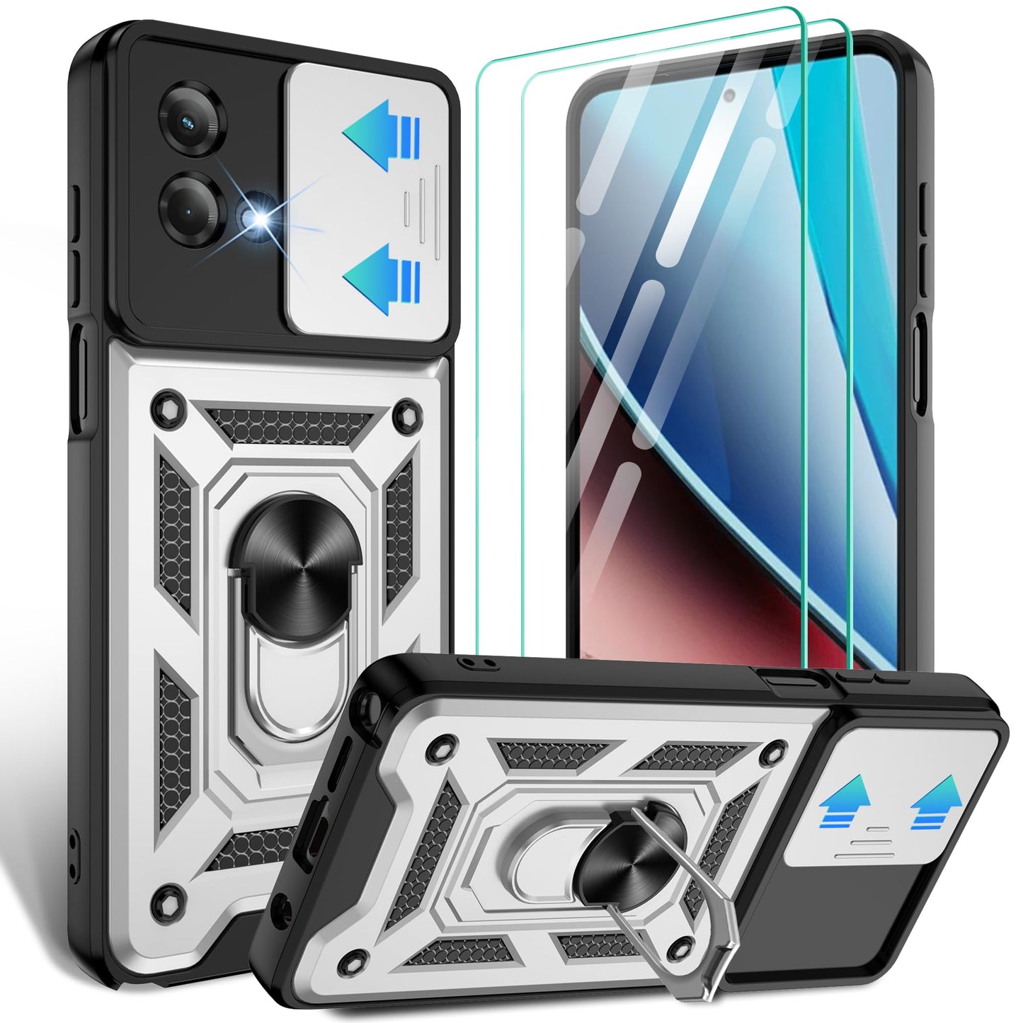 Gritup for Moto G Stylus 5G-2023 Case with Slide Camera Cover | 2-Pack HD Screen Protectors | 360° Rotating Metal Kickstand | MIL-Grade Shockproof Protection,Black