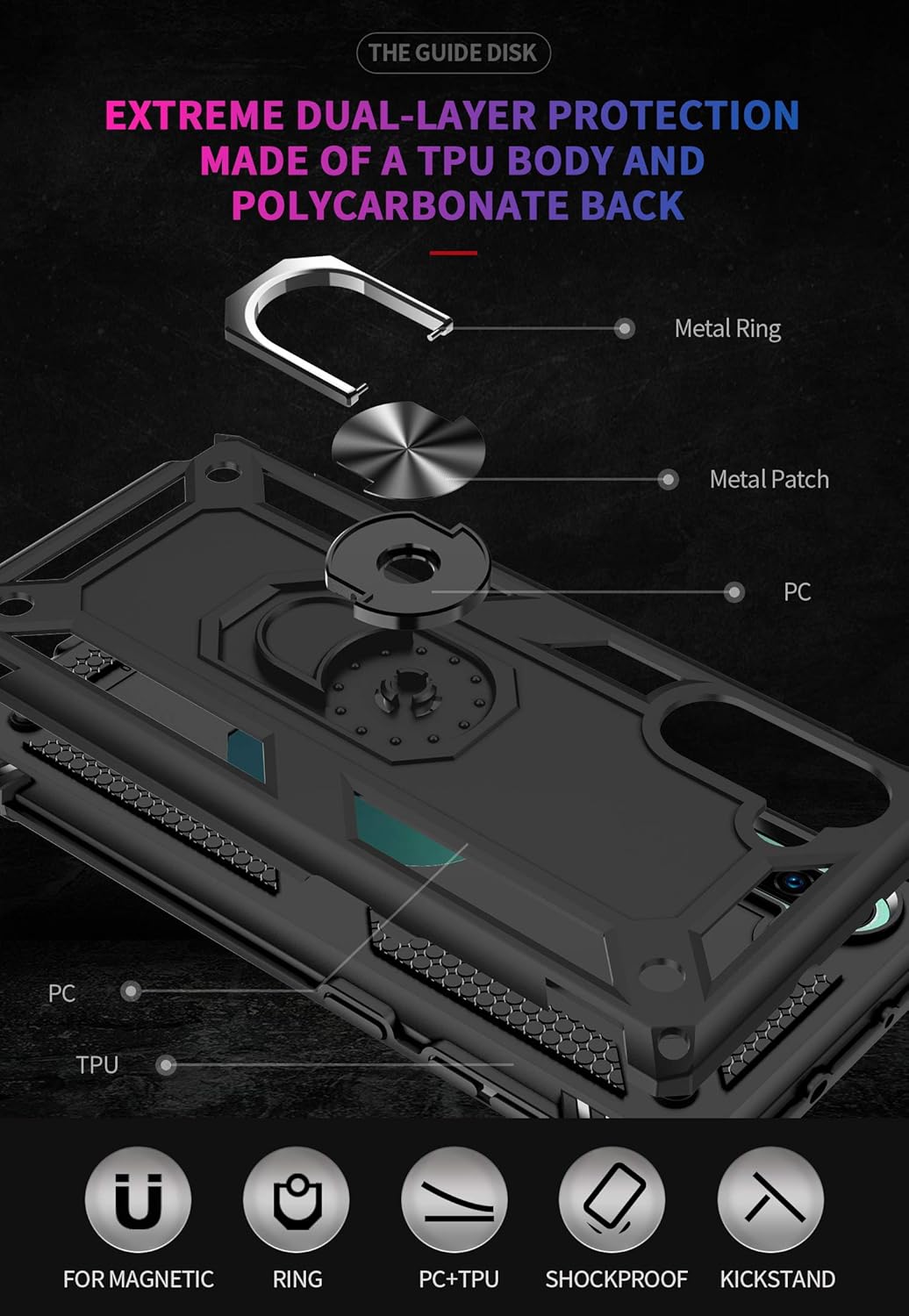 for Samsung Galaxy Note 10 Case, Note10 Case with HD Screen Protectors, Military-Grade Metal Ring Holder Kickstand 15ft Drop Tested Shockproof Cover Case for Samsung Note 10 (2019) Black