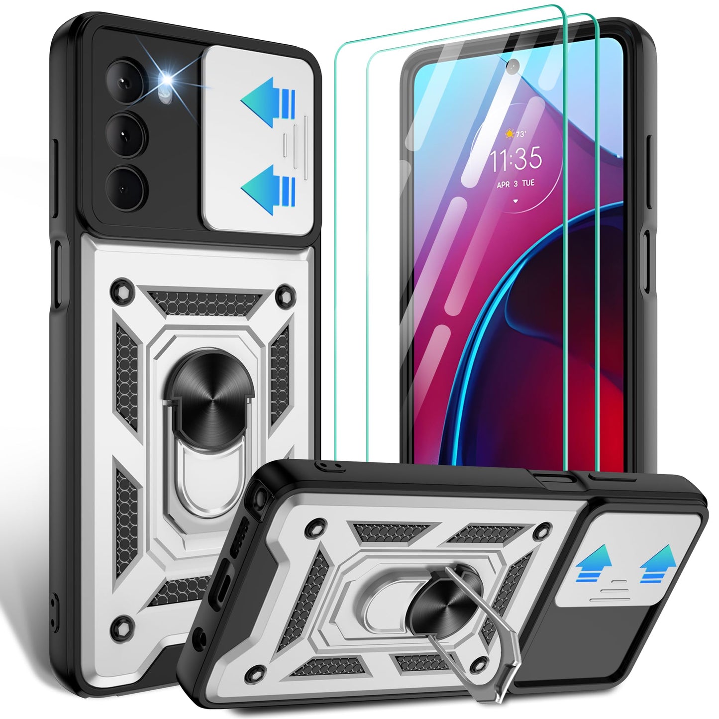 Gritup for Moto G Stylus 5G-2023 Case with Slide Camera Cover | 2-Pack HD Screen Protectors | 360° Rotating Metal Kickstand | MIL-Grade Shockproof Protection,Black