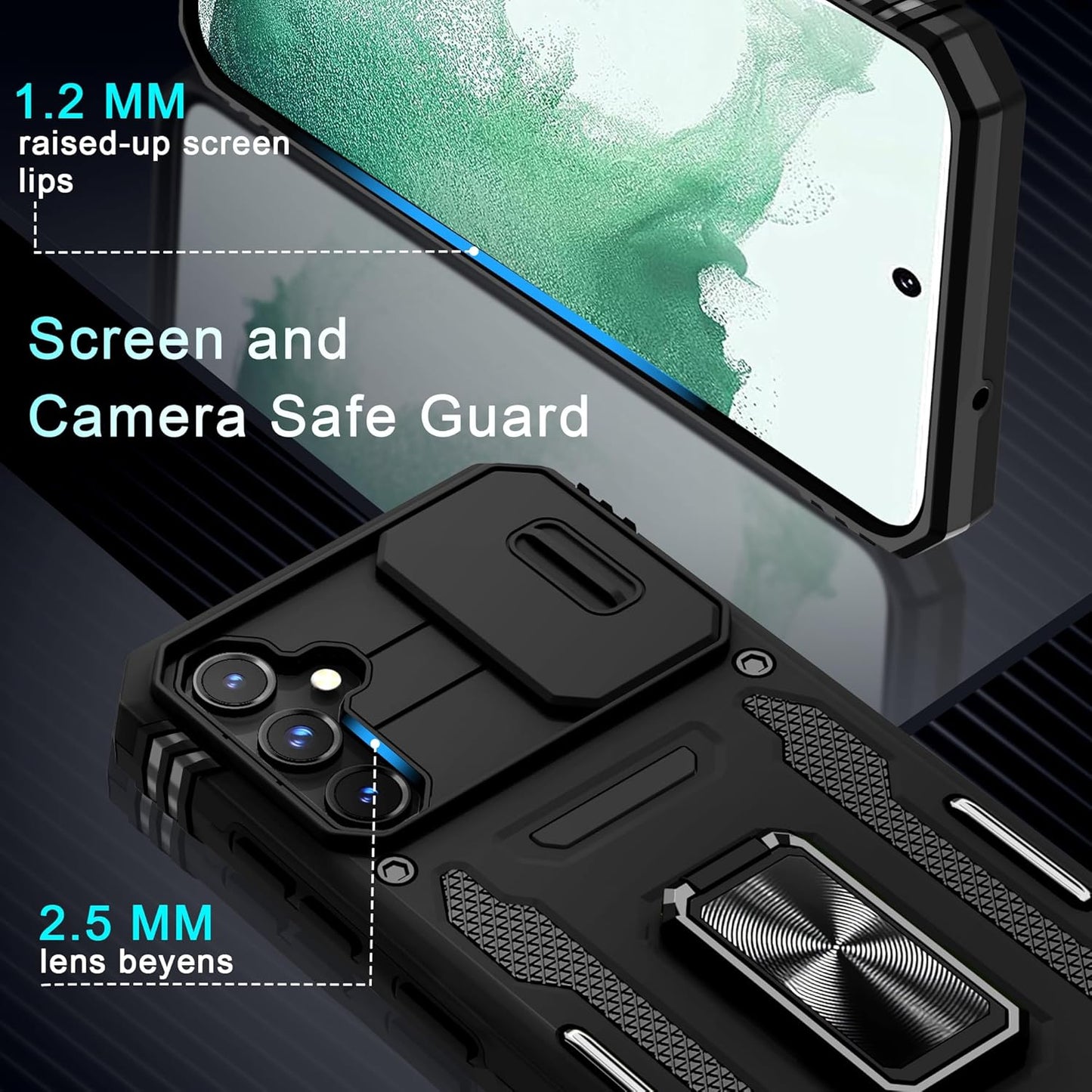 DEERLAMN Case for Samsung Galaxy S23 FE 6.4-Inch with Slide Camera Cover+Screen Protector(1 Pack),Rotated Ring Kickstand Military Grade Shockproof Protective Cover-Black