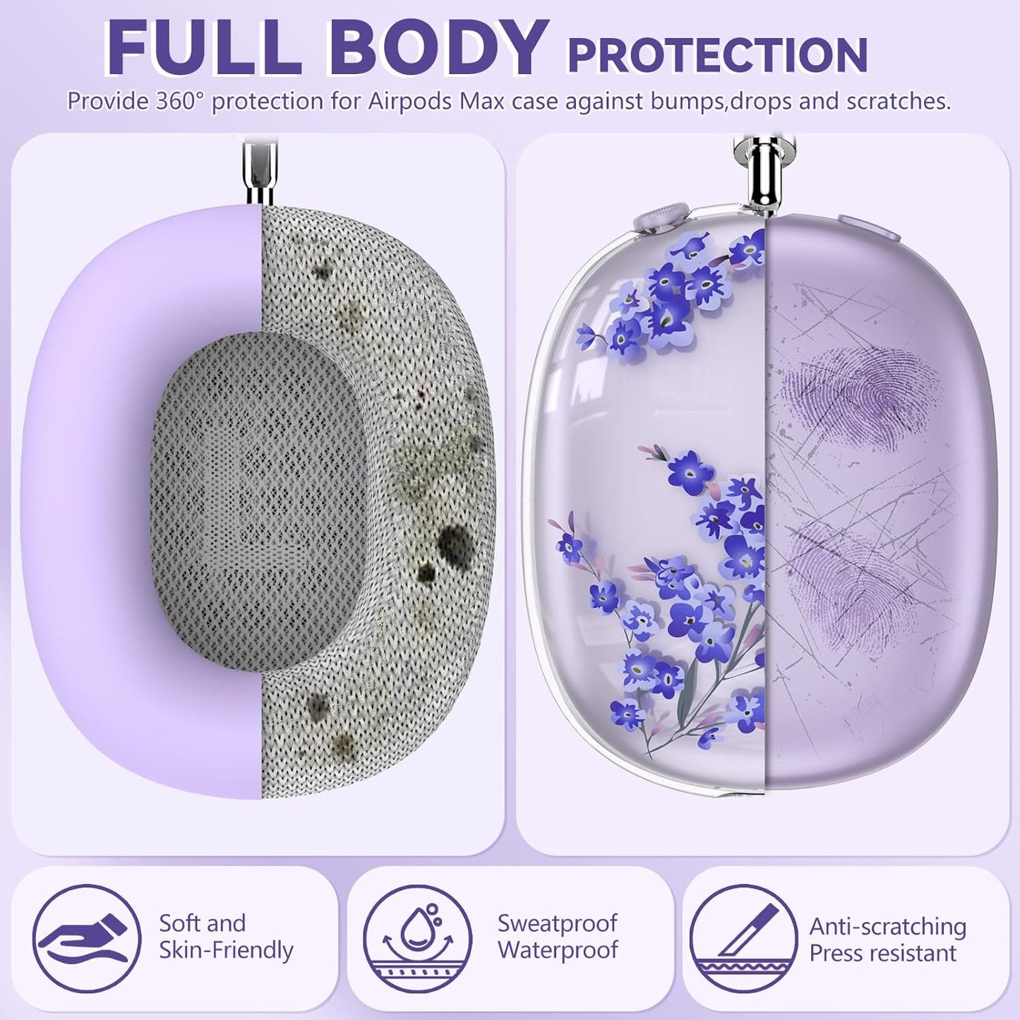 Silicone Cases for AirPods Max Headphones,Clear Flower Soft TPU Ear Cups Cover,Ear Pad Case Cover,Headband Cover for AirPod Max,Transparent Case for Apple AirPods Max USB-C(2024) for Women,Purple