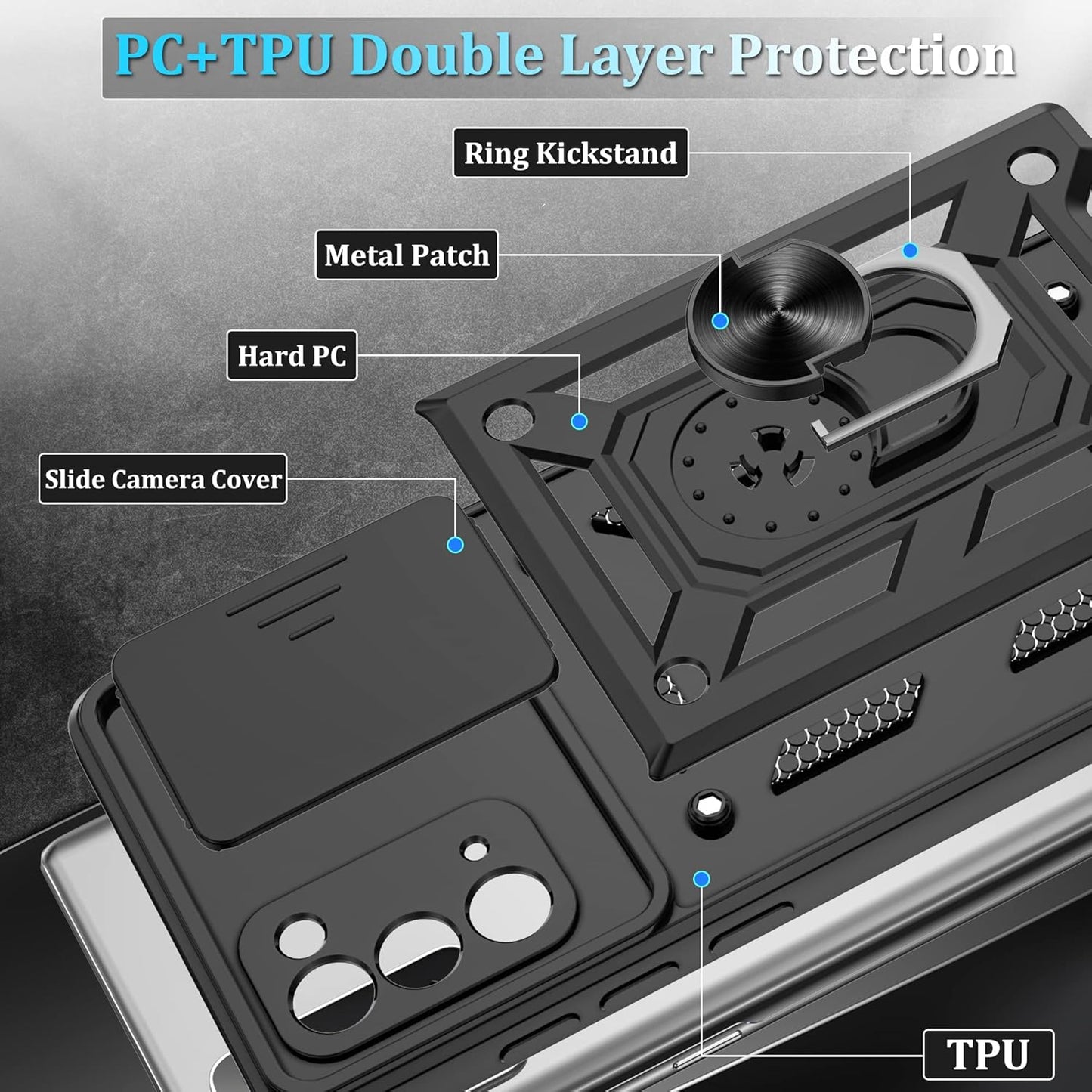for Samsung Galaxy Note20 Case with Slide Camera Cover, Military-Grade Protection, 360 Rotating Kickstand, Includes 1 Pack HD Screen Protectors丨Black