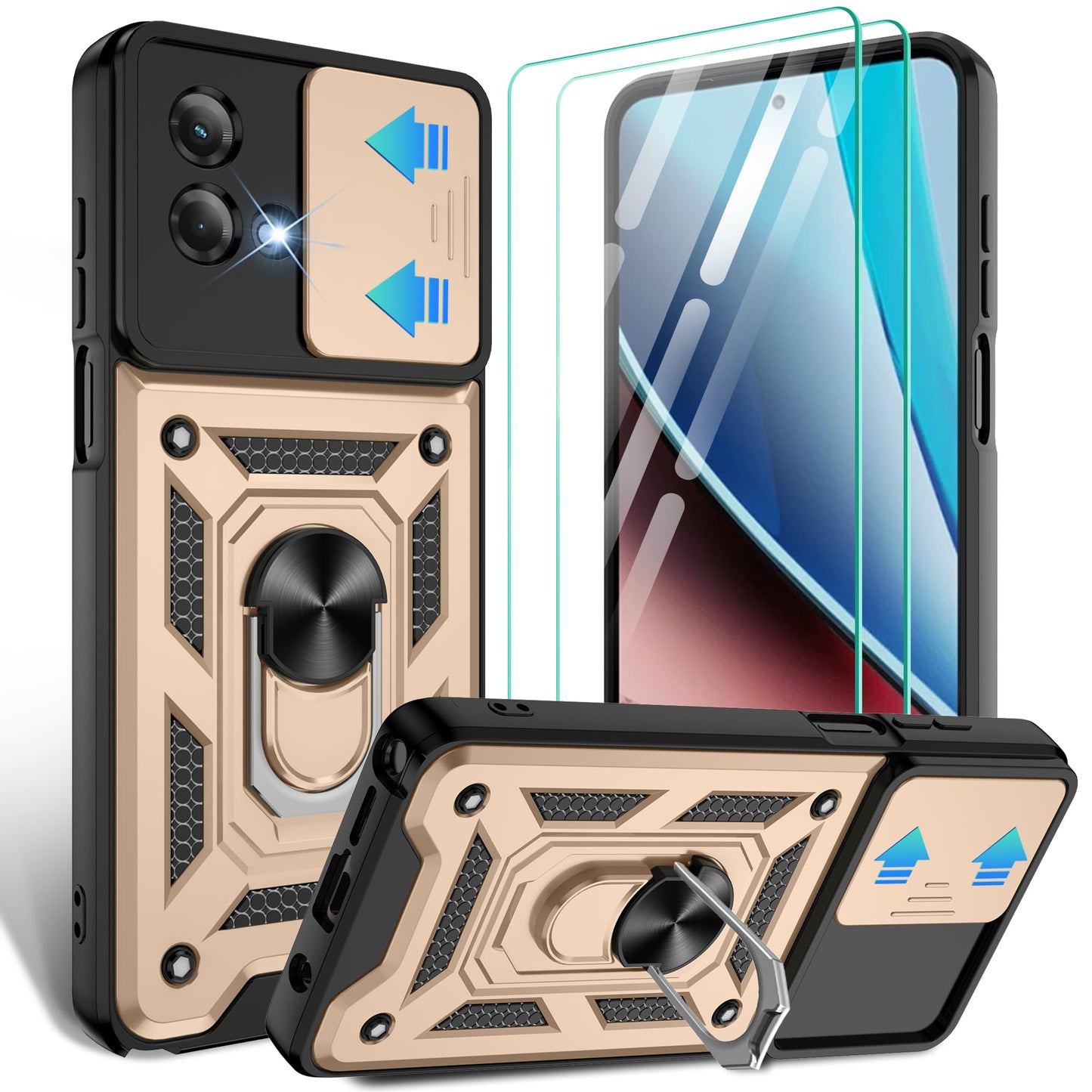 Gritup for Moto G Stylus 5G-2023 Case with Slide Camera Cover | 2-Pack HD Screen Protectors | 360° Rotating Metal Kickstand | MIL-Grade Shockproof Protection,Black