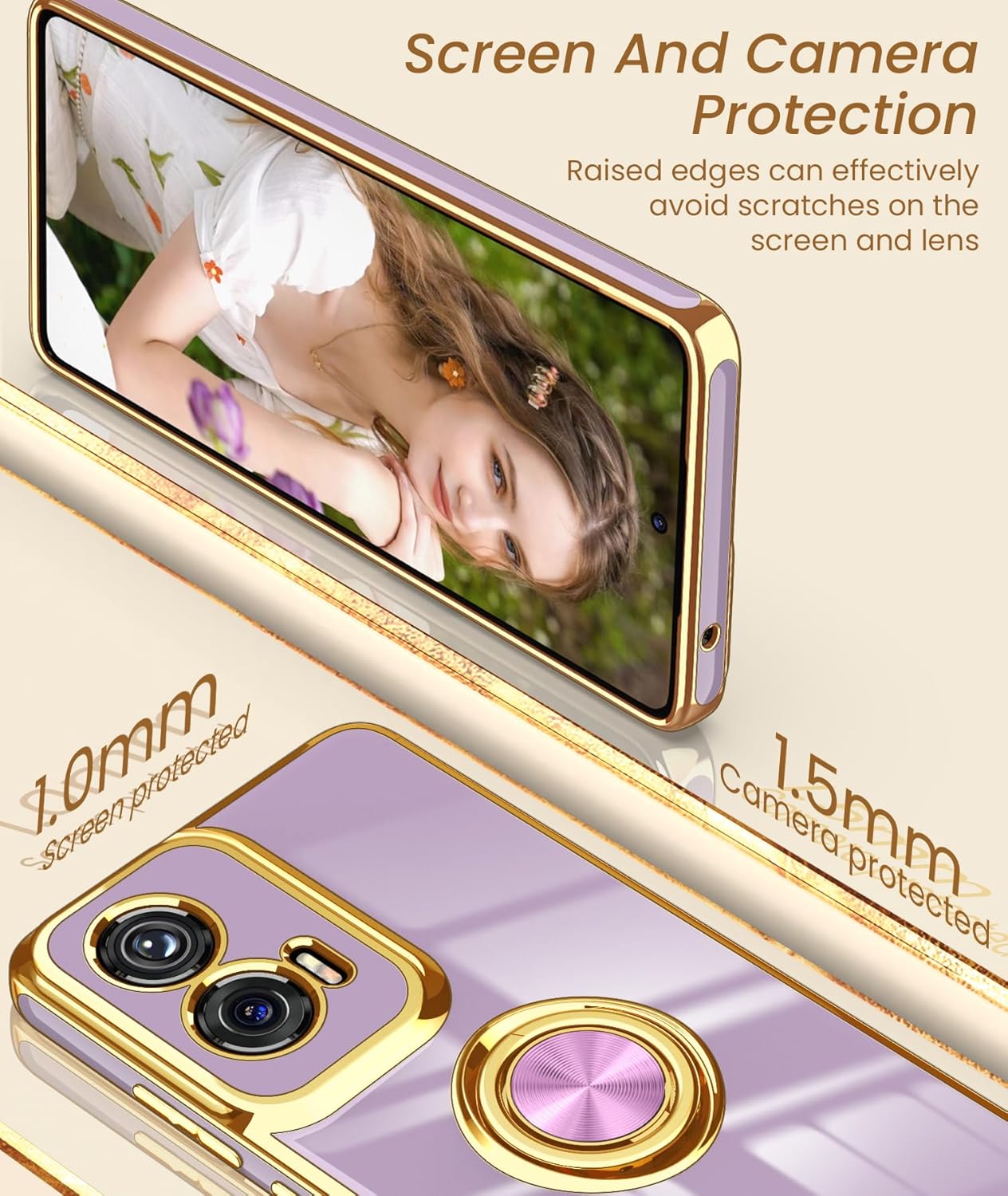 Dretal for Moto G Stylus 5G 2024 Case, 2X Screen Protector, 360° Rotatable Ring Holder Magnetic Kickstand,Plated Gold Edge Slim Soft TPU Protective Cover for Motorola G Stylus 5G (Purple)
