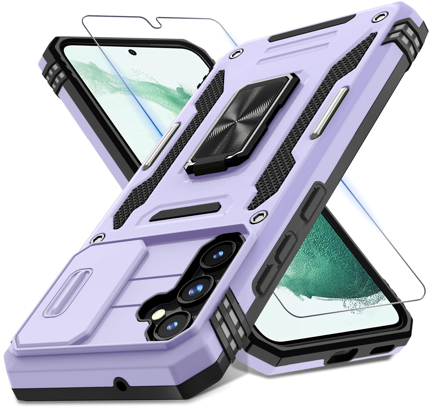 DEERLAMN Case for Samsung Galaxy S23 FE 6.4-Inch with Slide Camera Cover+Screen Protector(1 Pack),Rotated Ring Kickstand Military Grade Shockproof Protective Cover-Black