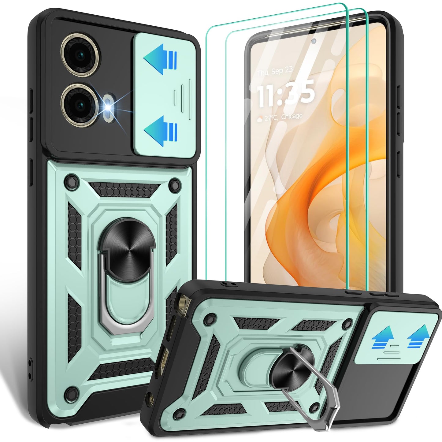 Gritup for Moto G Stylus 5G-2023 Case with Slide Camera Cover | 2-Pack HD Screen Protectors | 360° Rotating Metal Kickstand | MIL-Grade Shockproof Protection,Black