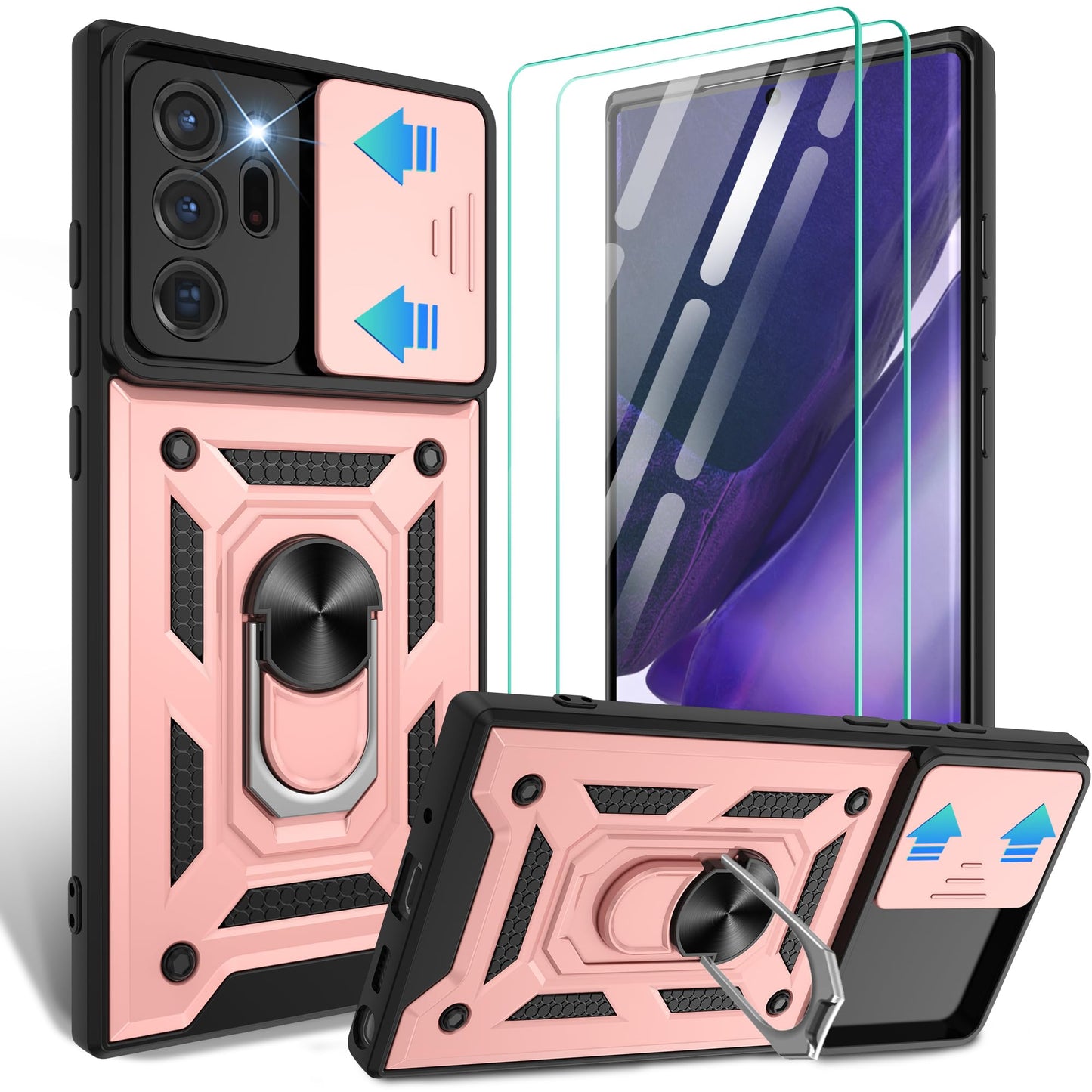 for Samsung Galaxy Note20 Case with Slide Camera Cover, Military-Grade Protection, 360 Rotating Kickstand, Includes 1 Pack HD Screen Protectors丨Black