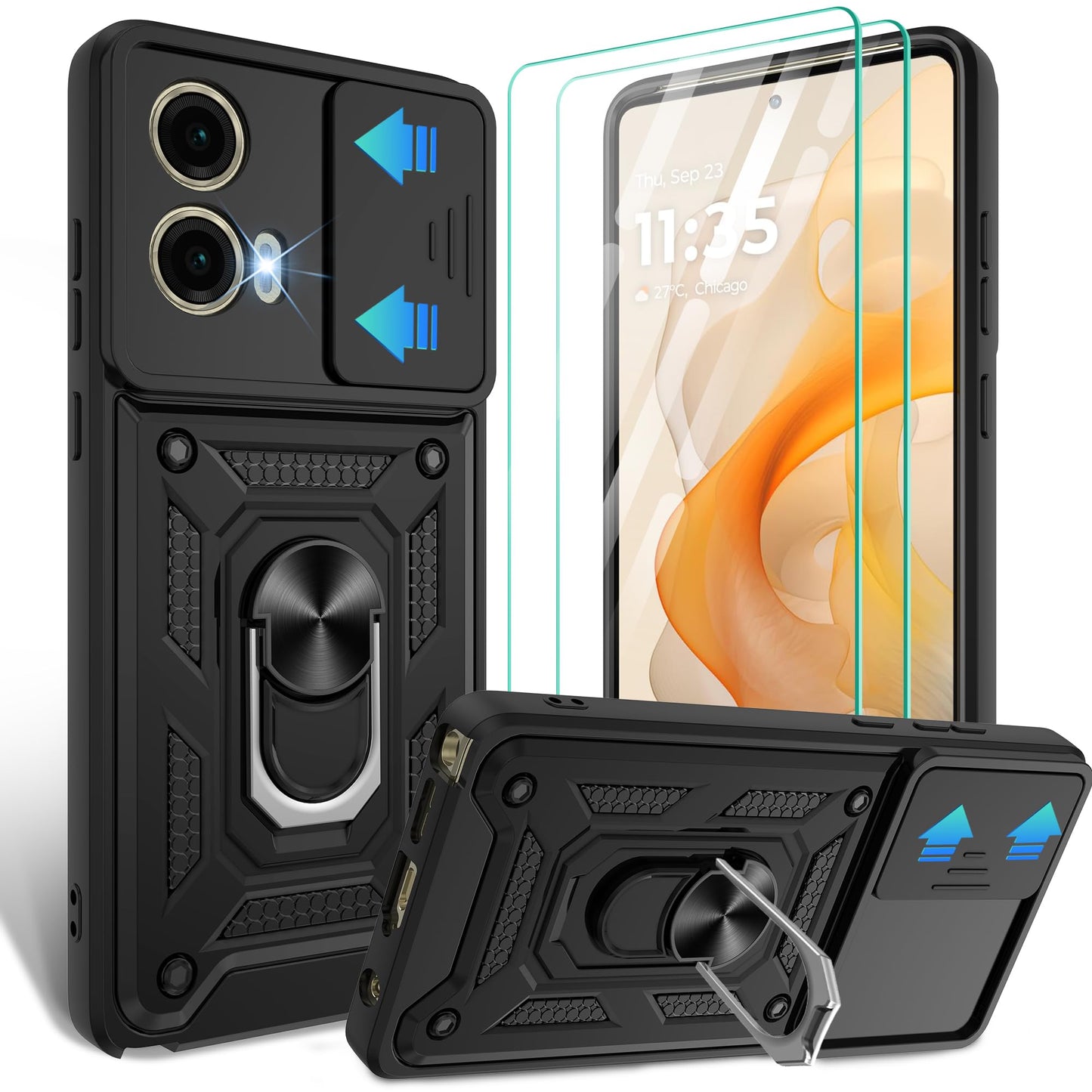 Gritup for Moto G Stylus 5G-2023 Case with Slide Camera Cover | 2-Pack HD Screen Protectors | 360° Rotating Metal Kickstand | MIL-Grade Shockproof Protection,Black