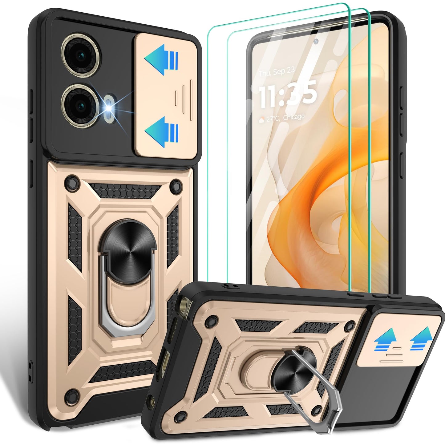 Gritup for Moto G Stylus 5G-2023 Case with Slide Camera Cover | 2-Pack HD Screen Protectors | 360° Rotating Metal Kickstand | MIL-Grade Shockproof Protection,Black