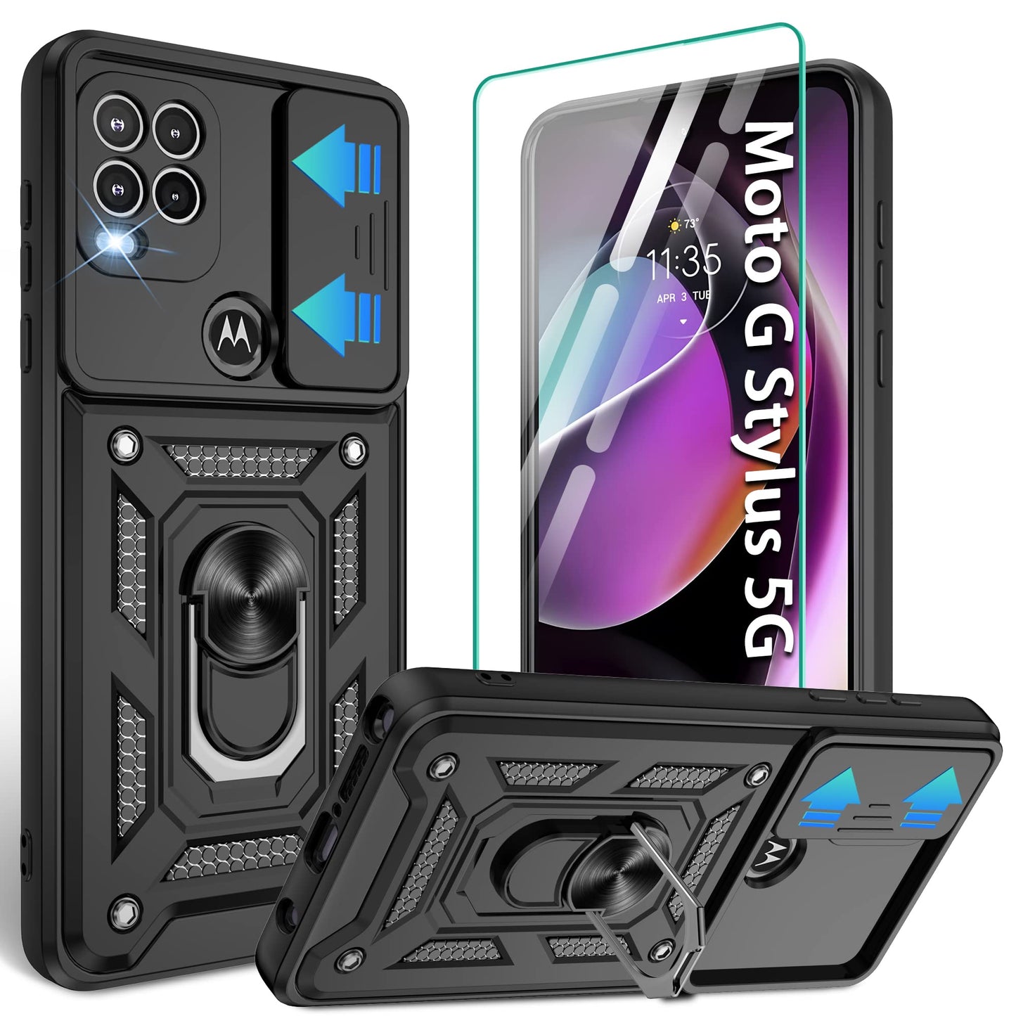 Gritup for Moto G Stylus 5G-2023 Case with Slide Camera Cover | 2-Pack HD Screen Protectors | 360° Rotating Metal Kickstand | MIL-Grade Shockproof Protection,Black