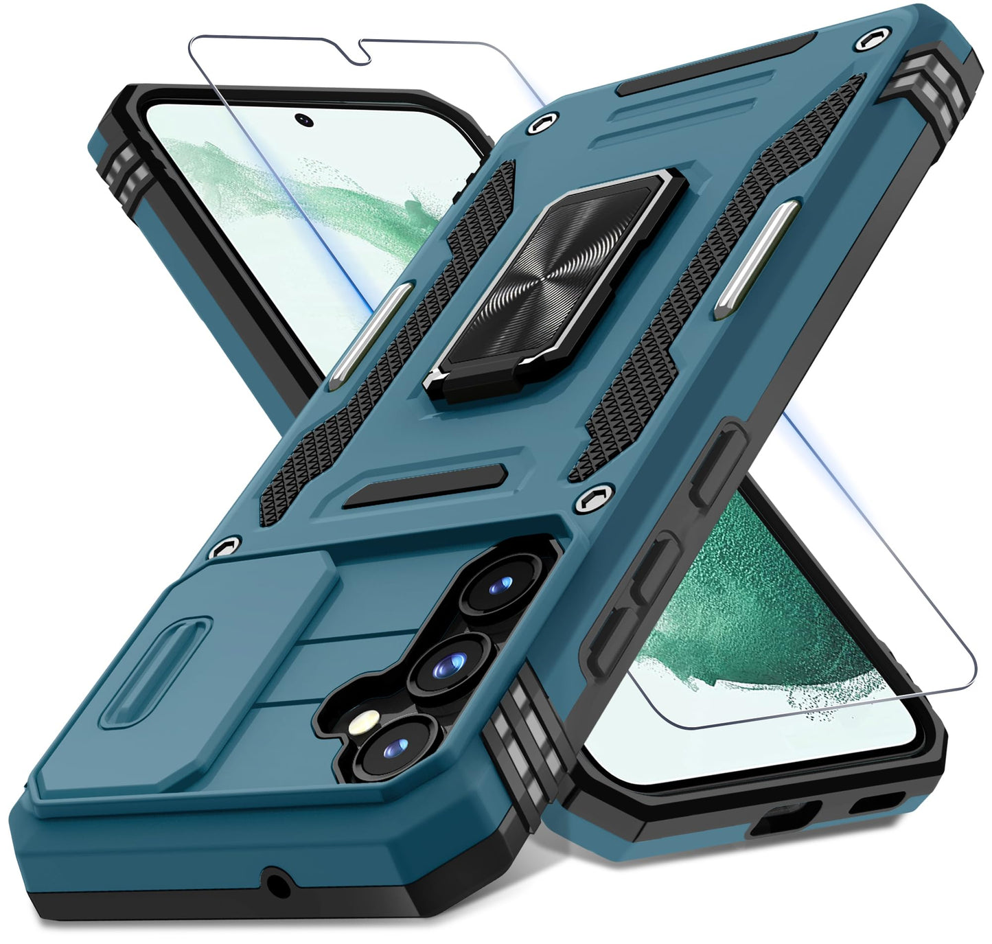 DEERLAMN Case for Samsung Galaxy S23 FE 6.4-Inch with Slide Camera Cover+Screen Protector(1 Pack),Rotated Ring Kickstand Military Grade Shockproof Protective Cover-Black