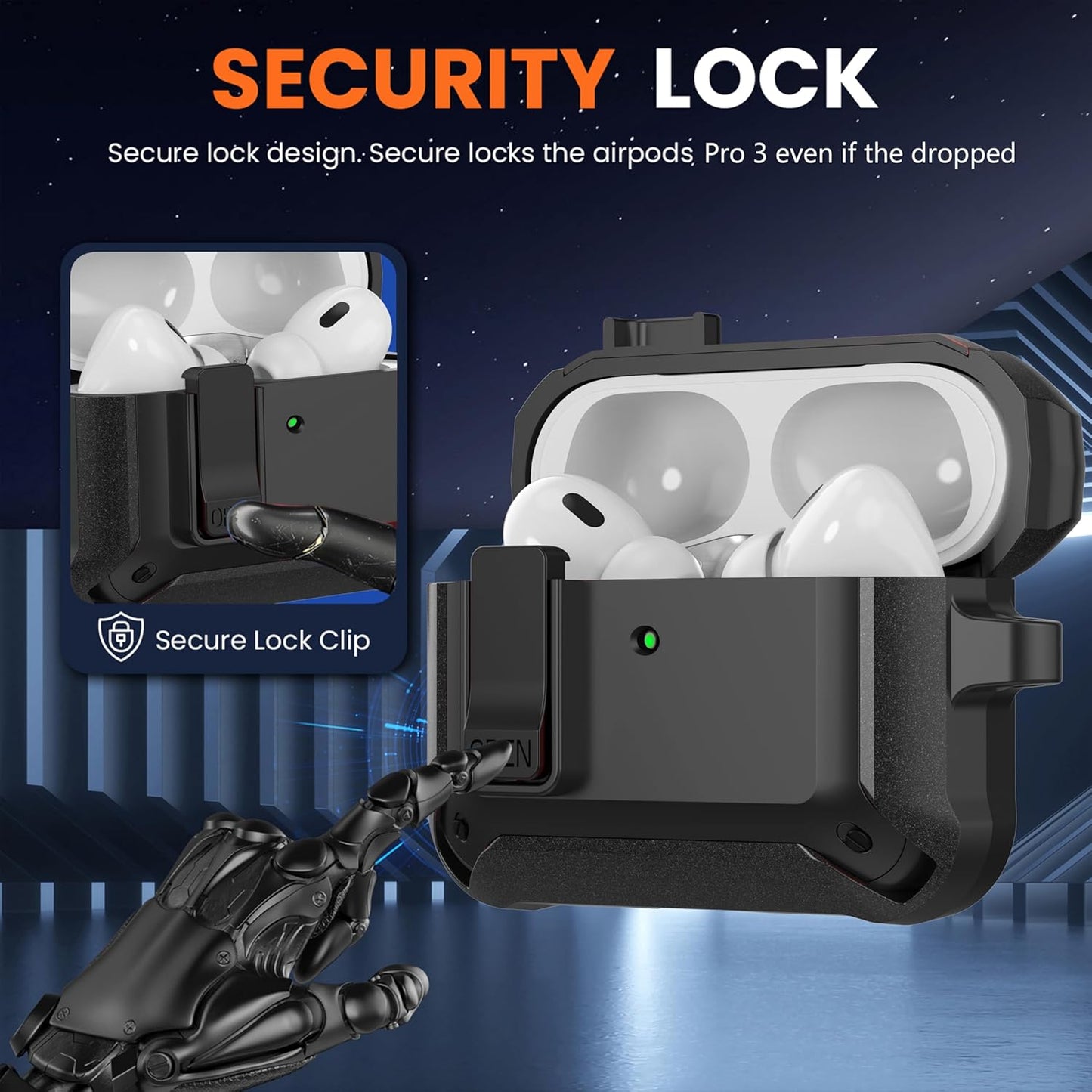 Compatible with AirPods Pro 3 Case Lock 2025, Shockproof AirPods iPod Pro 3rd Generation Protective Case Cover for Men Women with Cleaning Kit&Carabiner Black