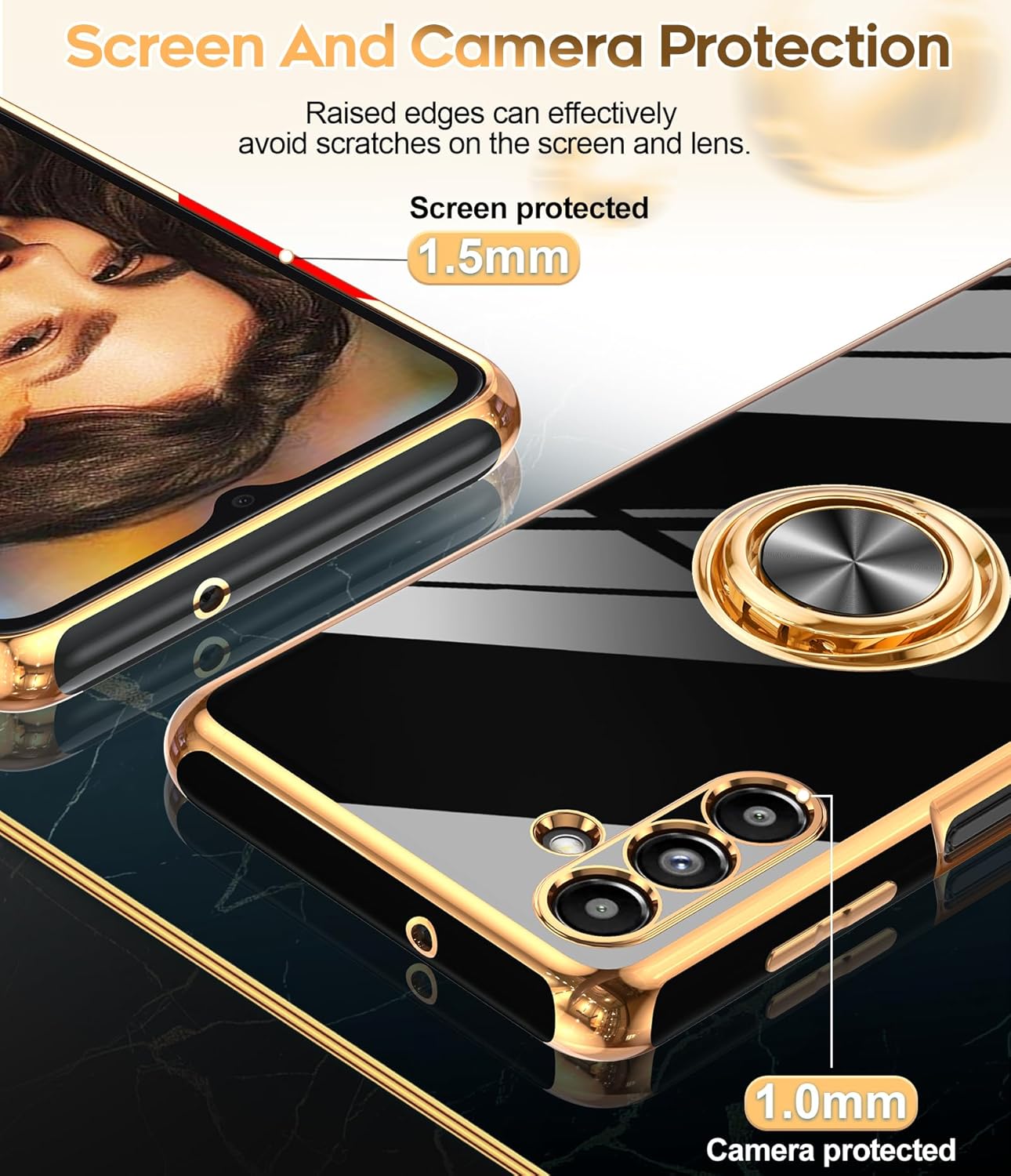 LeYi for Samsung Galaxy A13-5G Phone Case: Tempered Glass Screen Protector, 360° Rotatable Ring Holder Magnetic Kickstand, Plating Rose Gold Edge Protective Case, Black