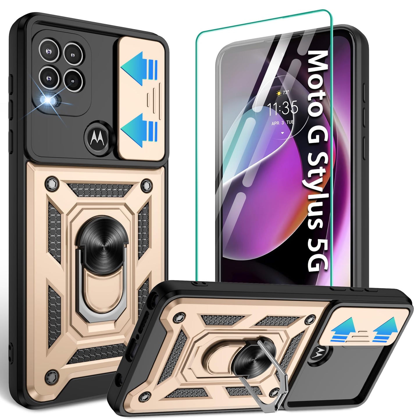Gritup for Moto G Stylus 5G-2023 Case with Slide Camera Cover | 2-Pack HD Screen Protectors | 360° Rotating Metal Kickstand | MIL-Grade Shockproof Protection,Black