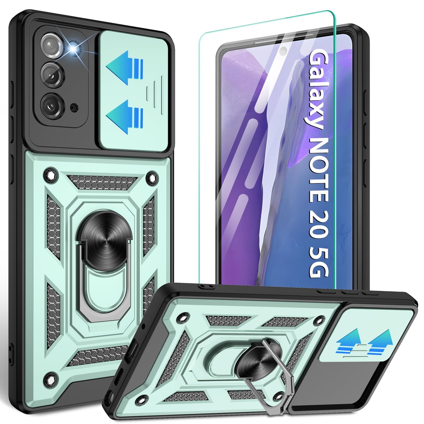 for Samsung Galaxy Note20 Case with Slide Camera Cover, Military-Grade Protection, 360 Rotating Kickstand, Includes 1 Pack HD Screen Protectors丨Black