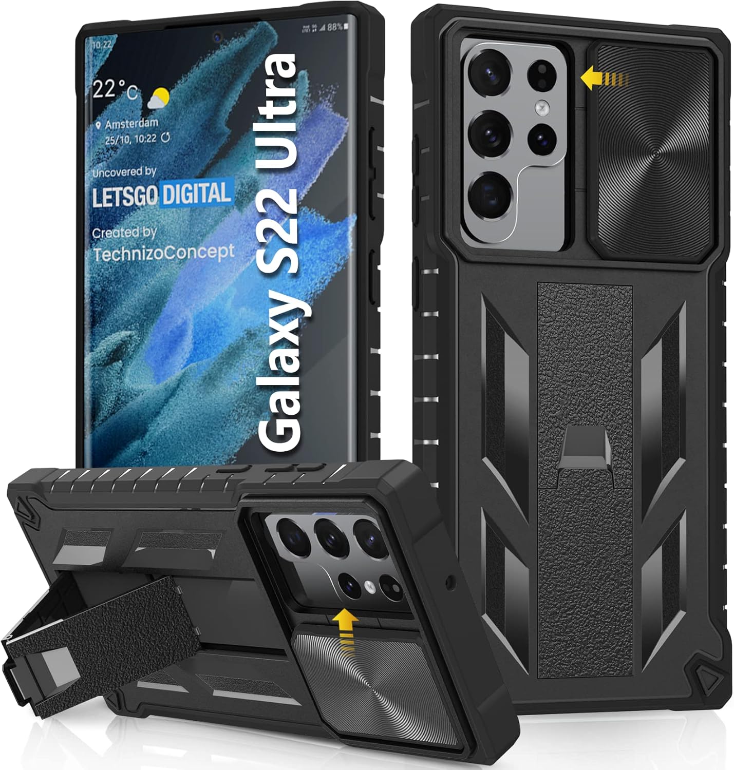 Case for Samsung Galaxy S22 Ultra 5G: Military Grade Drop Proof Rugged Protective Phone Cover with Built-in Kickstand & Slide |Shockproof Bumper Protection Textured Matte 6.8 Inch-Black