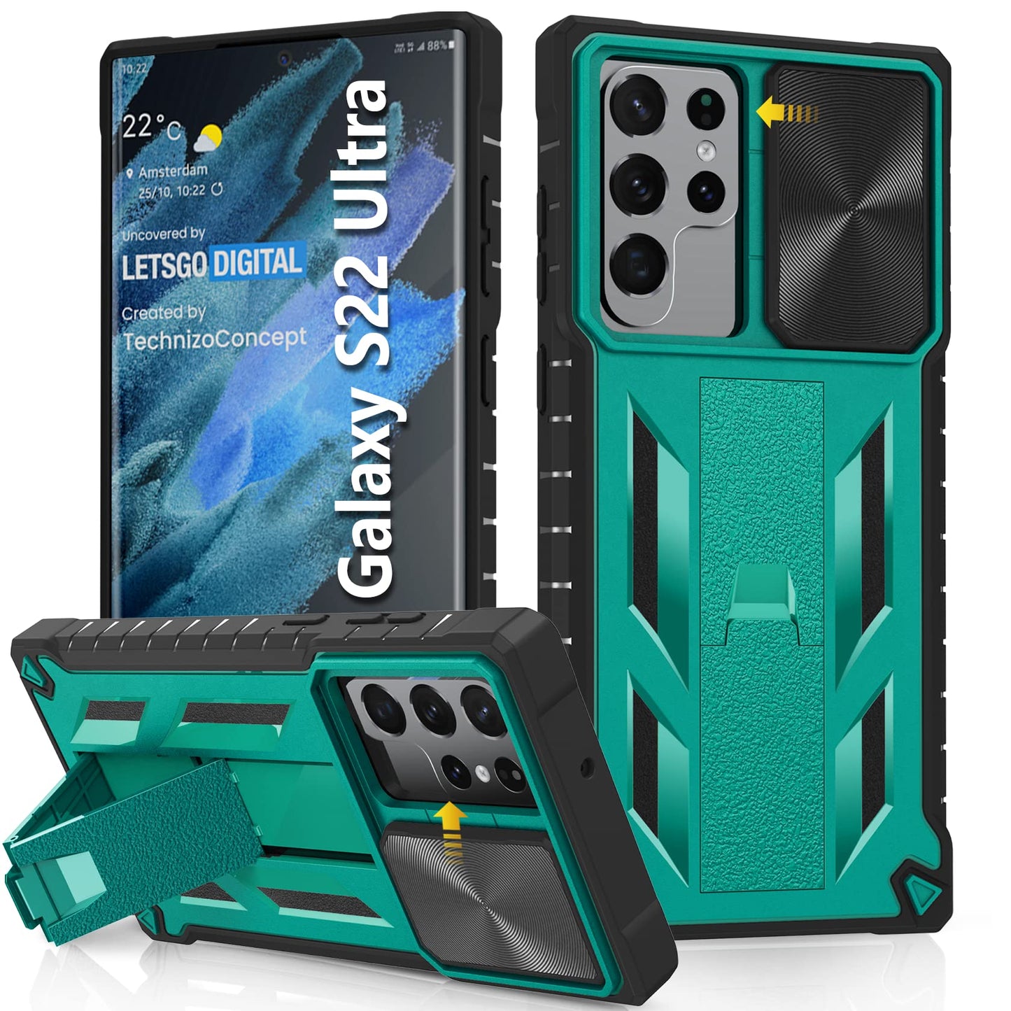 Case for Samsung Galaxy S22 Ultra 5G: Military Grade Drop Proof Rugged Protective Phone Cover with Built-in Kickstand & Slide |Shockproof Bumper Protection Textured Matte 6.8 Inch-Black