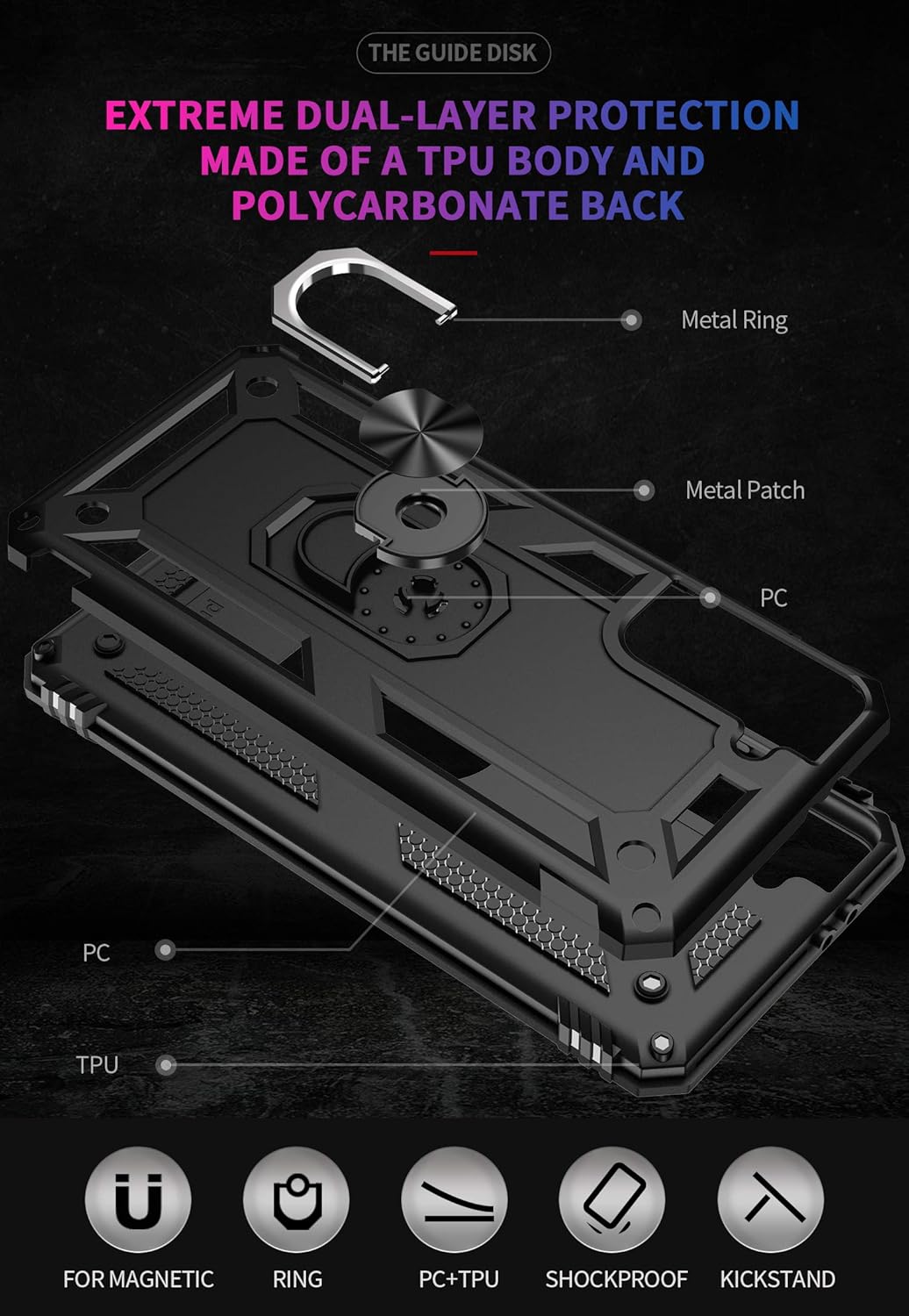 Androgate Case Cover Case for Samsung Galaxy S21 5G Black | with HD Screen Protectors, Military-Grade, Metal Ring Holder, Kickstand, 15ft Drop Tested, Shockproof