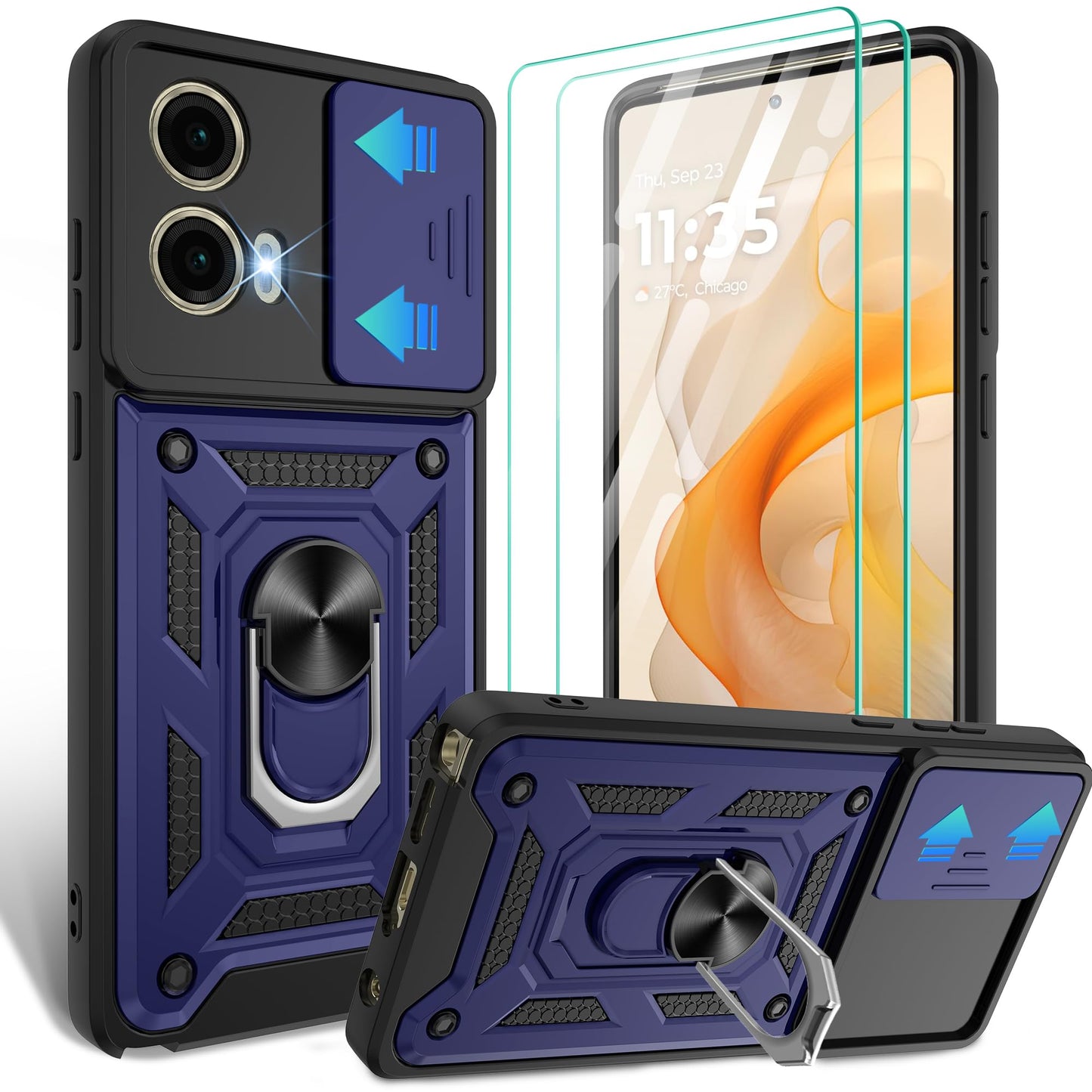 Gritup for Moto G Stylus 5G-2023 Case with Slide Camera Cover | 2-Pack HD Screen Protectors | 360° Rotating Metal Kickstand | MIL-Grade Shockproof Protection,Black