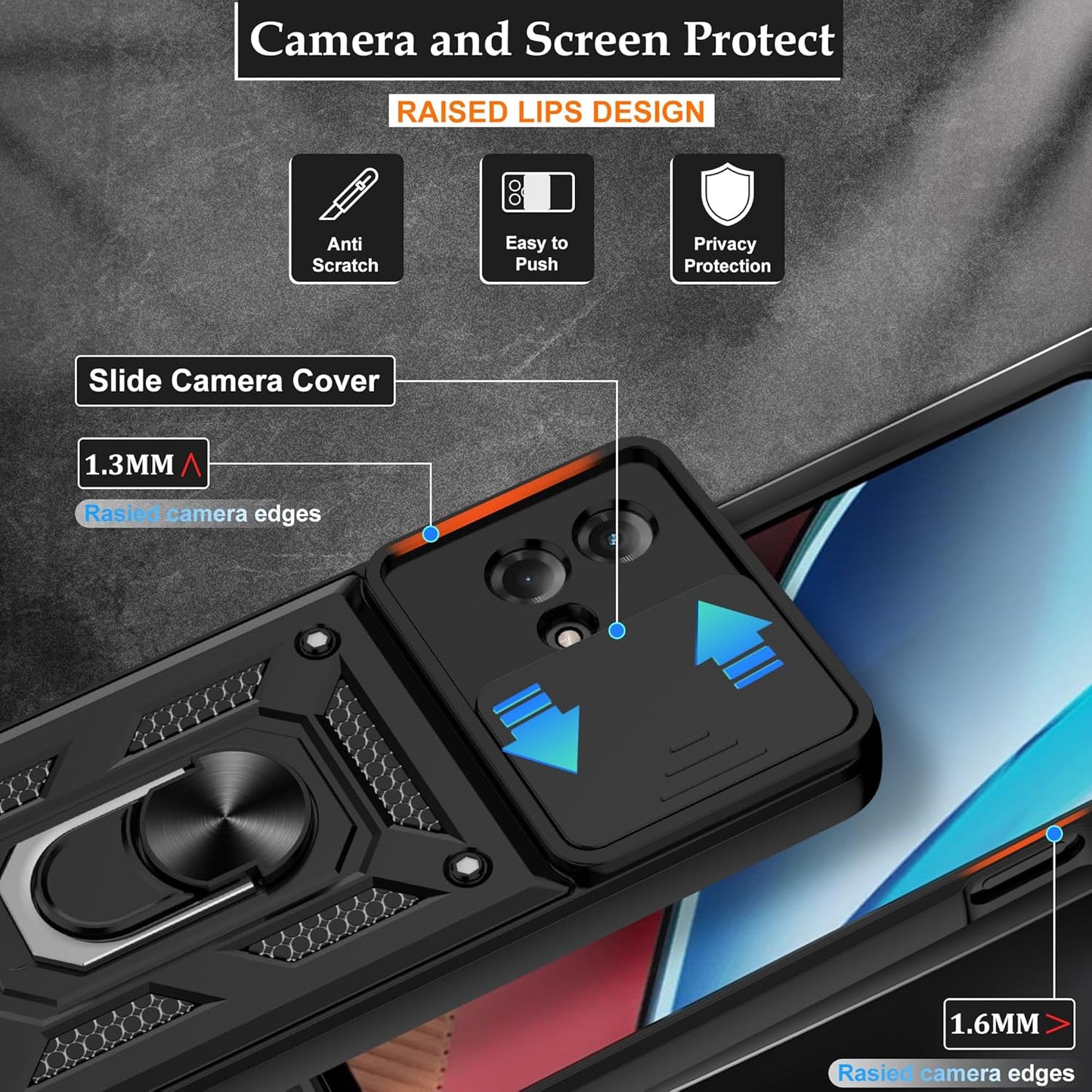 Gritup for Moto G Stylus 5G-2023 Case with Slide Camera Cover | 2-Pack HD Screen Protectors | 360° Rotating Metal Kickstand | MIL-Grade Shockproof Protection,Black