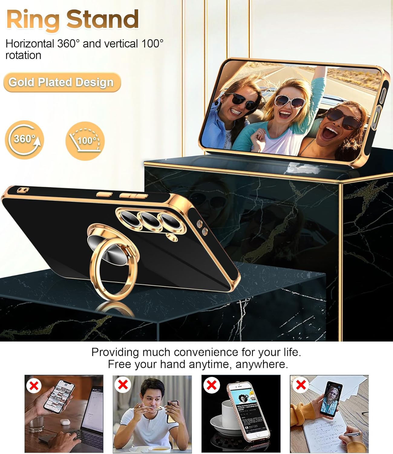 LeYi for Samsung Galaxy S24-FE Case: with 2 Pack Tempered Glass Screen Protector and 360° Rotatable Ring Holder Magnetic Kickstand, Plating Rose Gold Edge Funda para Galaxy S24FE 5G Case, Black