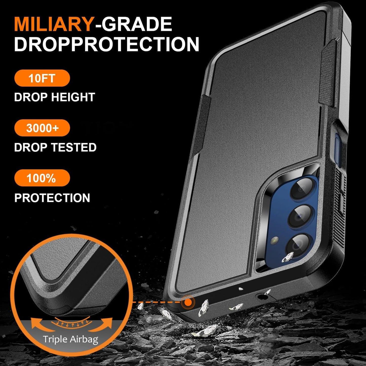 Ezanmull Phone Case for Samsung Galaxy A15 5G Black | 15 FT Military Grade Drop Protection, Glass Screen Protector, Camera Lens Protector, Non-Slip, Shockproof Case