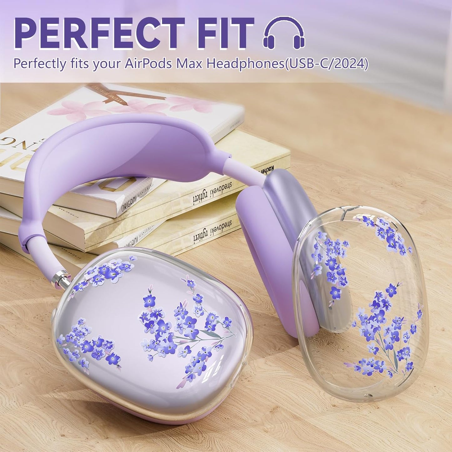 Silicone Cases for AirPods Max Headphones,Clear Flower Soft TPU Ear Cups Cover,Ear Pad Case Cover,Headband Cover for AirPod Max,Transparent Case for Apple AirPods Max USB-C(2024) for Women,Purple