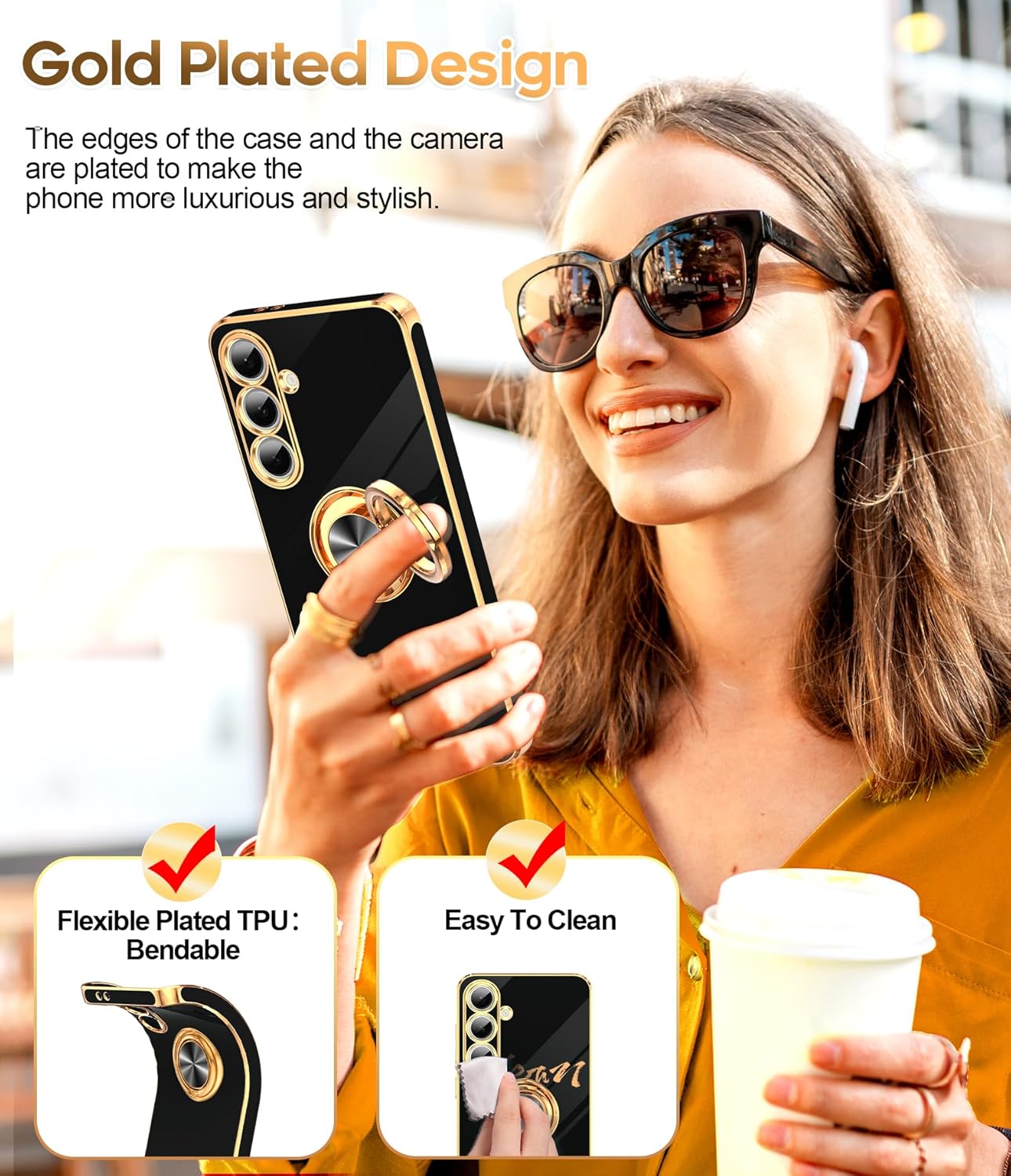 LeYi for Samsung Galaxy S24-FE Case: with 2 Pack Tempered Glass Screen Protector and 360° Rotatable Ring Holder Magnetic Kickstand, Plating Rose Gold Edge Funda para Galaxy S24FE 5G Case, Black
