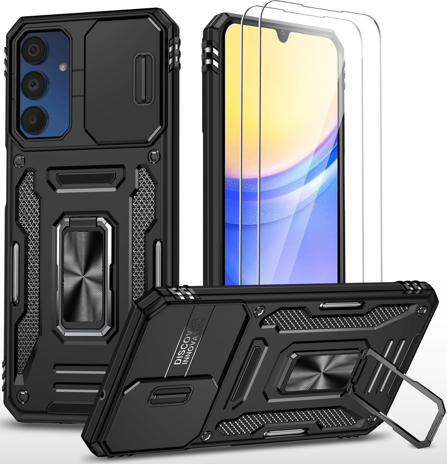 Ezanmull Phone Case for Samsung Galaxy A15 5G Black | 15 FT Military Grade Drop Protection, Glass Screen Protector, Camera Lens Protector, Non-Slip, Shockproof Case