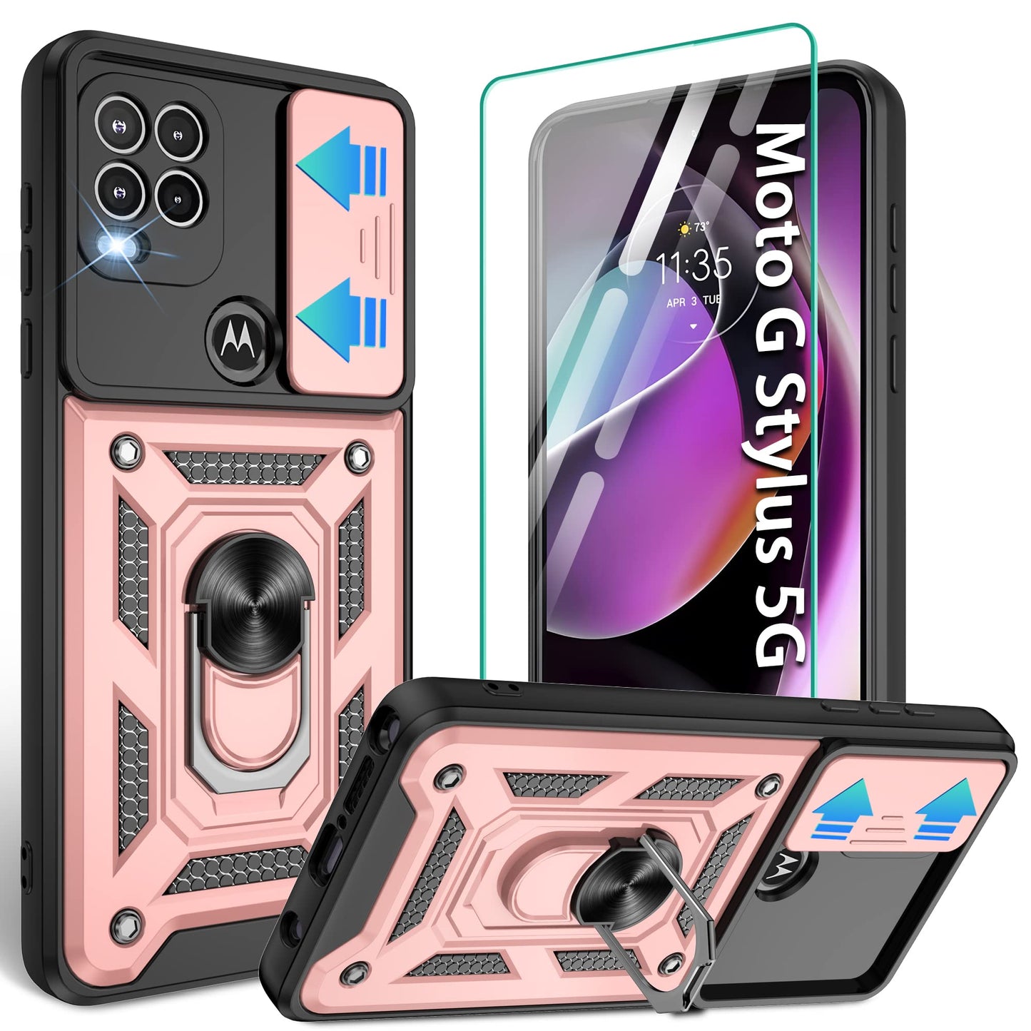 Gritup for Moto G Stylus 5G-2023 Case with Slide Camera Cover | 2-Pack HD Screen Protectors | 360° Rotating Metal Kickstand | MIL-Grade Shockproof Protection,Black