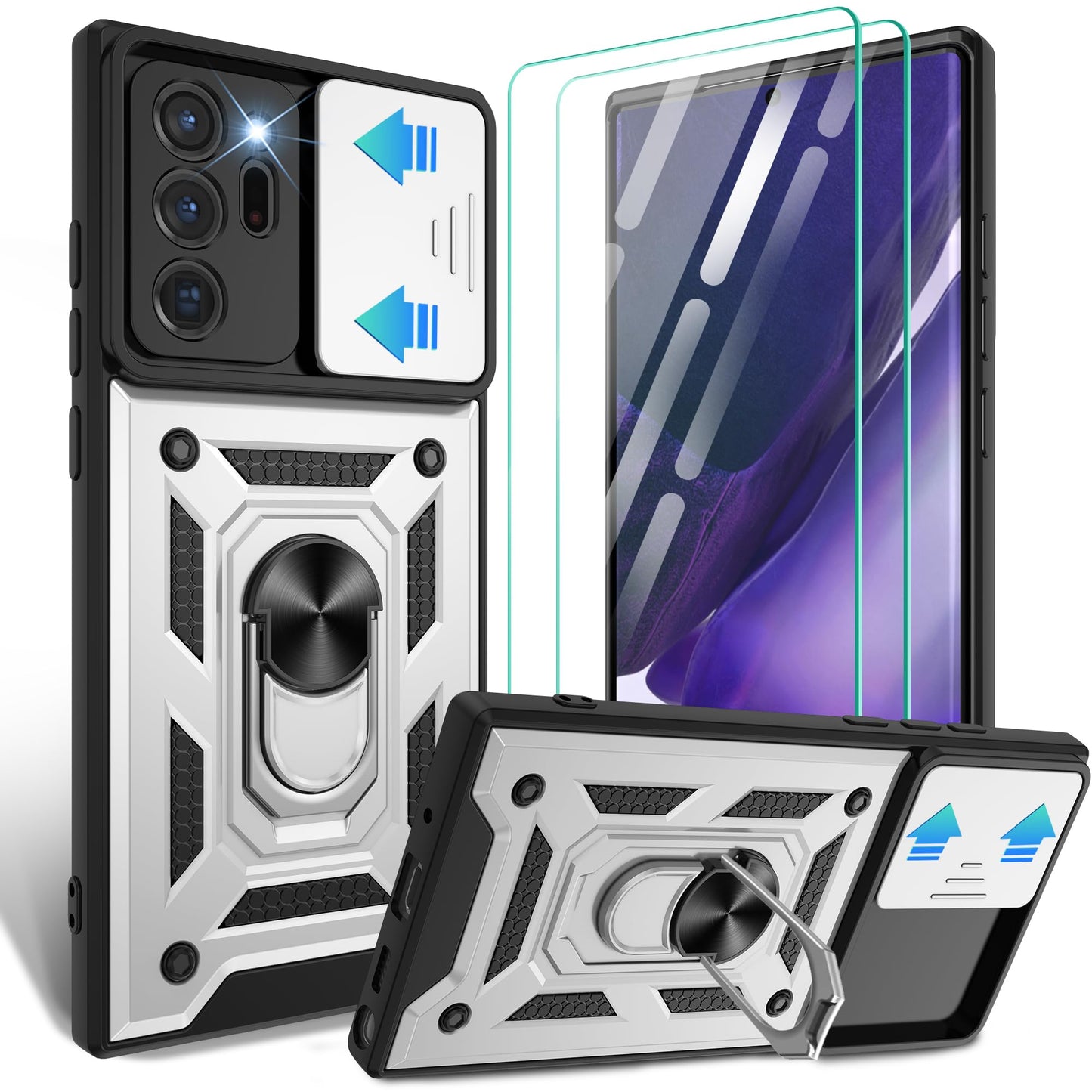 for Samsung Galaxy Note20 Case with Slide Camera Cover, Military-Grade Protection, 360 Rotating Kickstand, Includes 1 Pack HD Screen Protectors丨Black