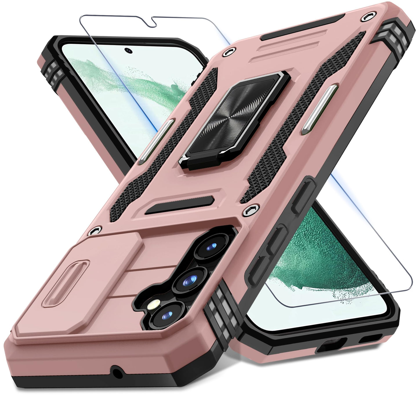 DEERLAMN Case for Samsung Galaxy S23 FE 6.4-Inch with Slide Camera Cover+Screen Protector(1 Pack),Rotated Ring Kickstand Military Grade Shockproof Protective Cover-Black