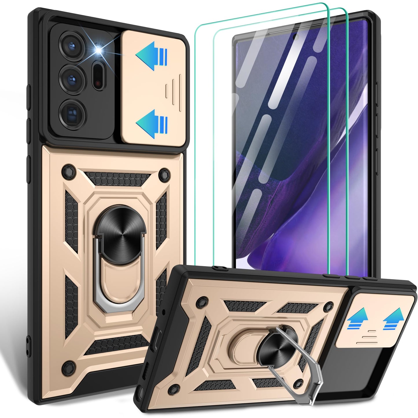 for Samsung Galaxy Note20 Case with Slide Camera Cover, Military-Grade Protection, 360 Rotating Kickstand, Includes 1 Pack HD Screen Protectors丨Black