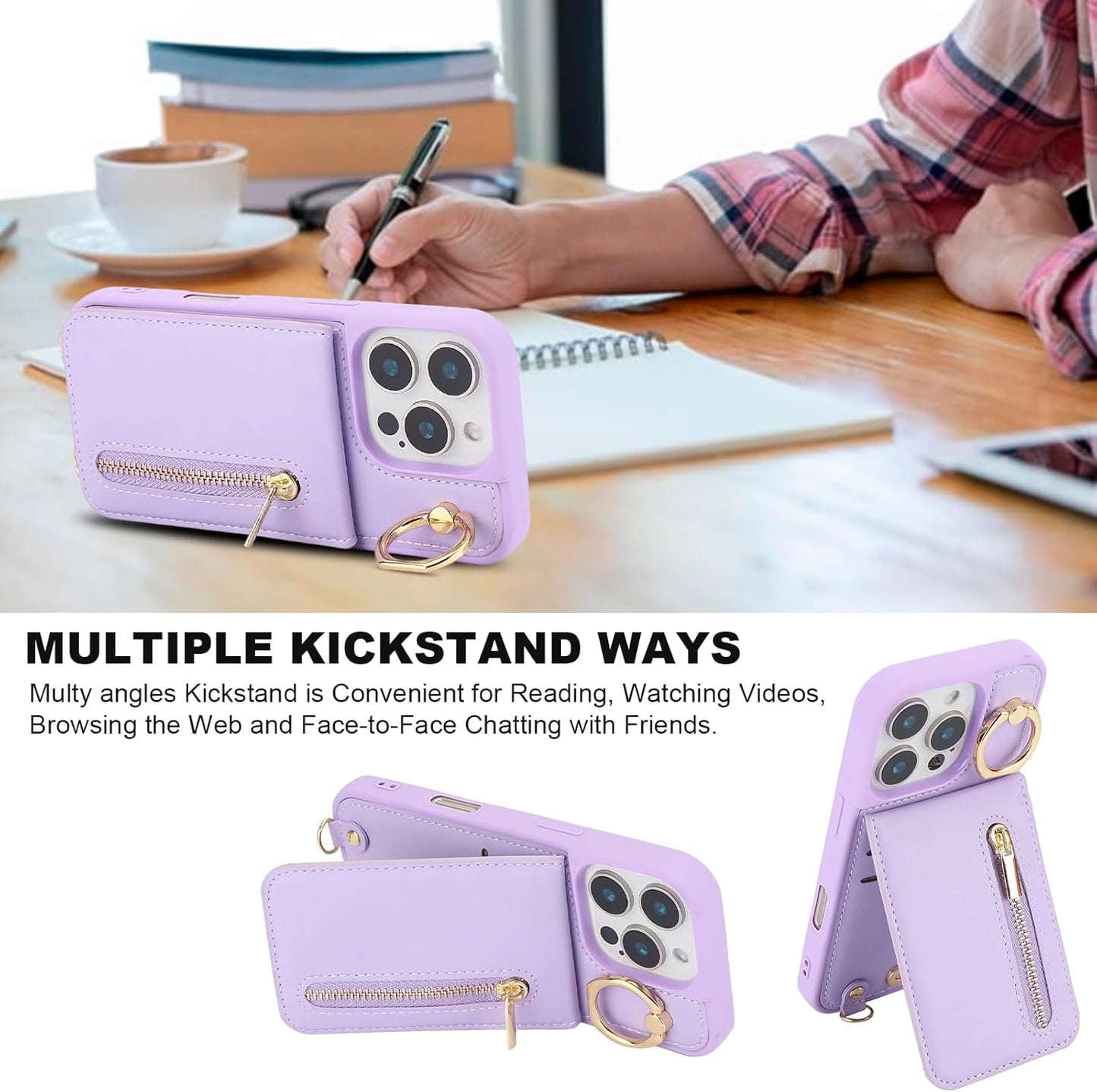 Crossbody Wallet Case for Iphone 16 Pro Max, with Card Slots Zipper Pocket Case, Flip Folio Purse RFID Blocking with Ring Kickstand Detachable Strap-Purple