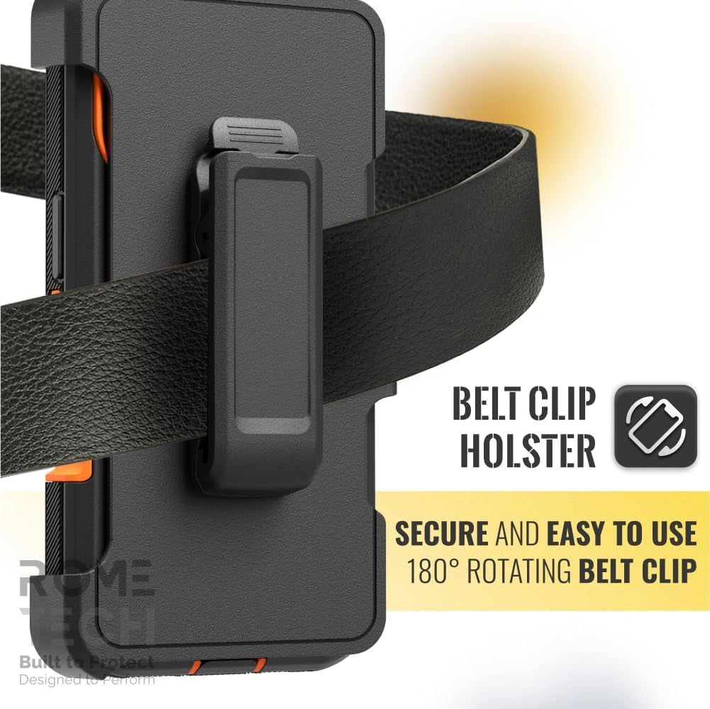 For Iphone 16 Case with Belt Clip Holster & Kickstand, Screenless Protective Dual-Layer Shockproof Iphone 16 Defender Case - Black & Orange