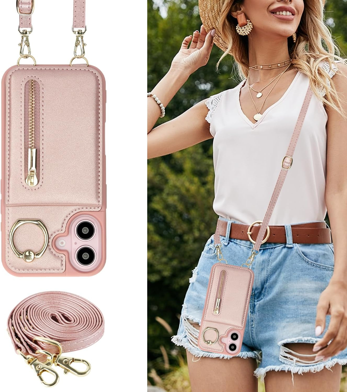 Crossbody Wallet Case for Iphone 16 Plus, with Card Slots Zipper Pocket Case, Flip Folio Purse RFID Blocking with Ring Kickstand Detachable Strap-Pink
