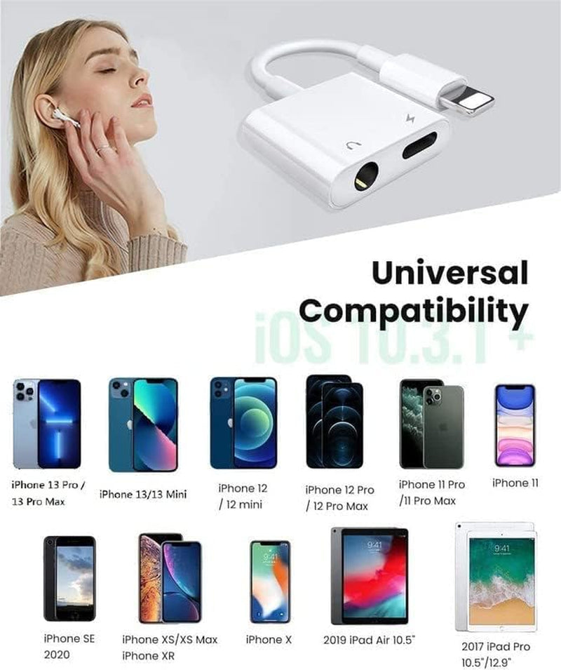 Apple Mfi Certified 2 Pack Lightning to 3.5Mm Headphones Jack Adapter for Iphone Dongle 2 in 1 Charger and Aux Audio Splitter Adapter Compatible with Iphone 14 13 12 11 XS XR 8 7