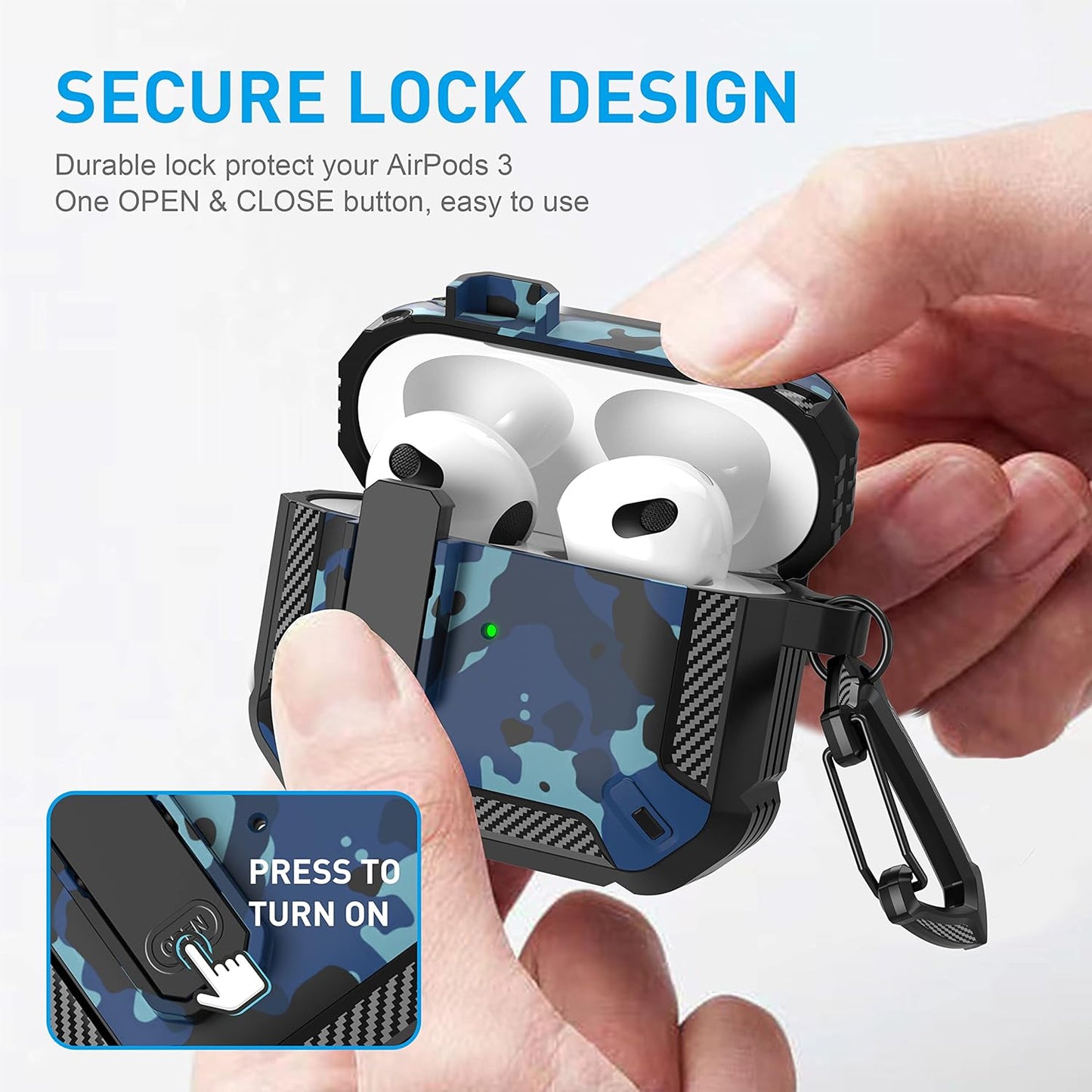for Airpods 3Rd Generation Case, Airpods 3 Case Cover with Lock Airpod3 Generation Protective Cases Gen 3 Shockproof Cover with Keychain Compatible with Apple Airpod 3Rd Generation, Blue Camo