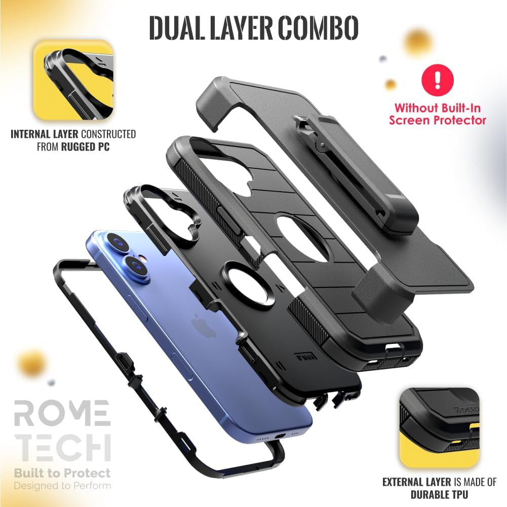 For Iphone 16 Case with Belt Clip Holster & Kickstand, Screenless Protective Dual-Layer Shockproof Iphone 16 Defender Case - Black