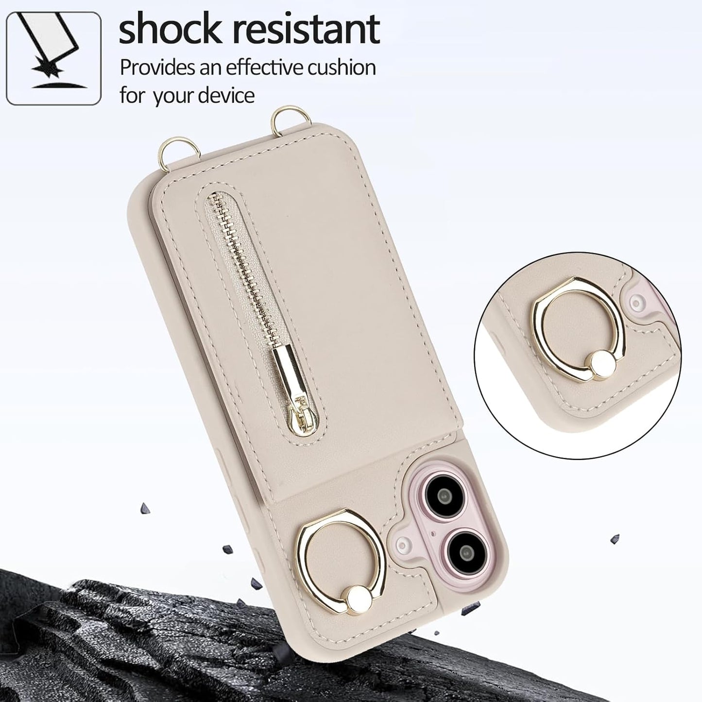 Crossbody Wallet Case for Iphone 16 Plus, with Card Slots Zipper Pocket Case, Flip Folio Purse RFID Blocking with Ring Kickstand Detachable Strap-Beige