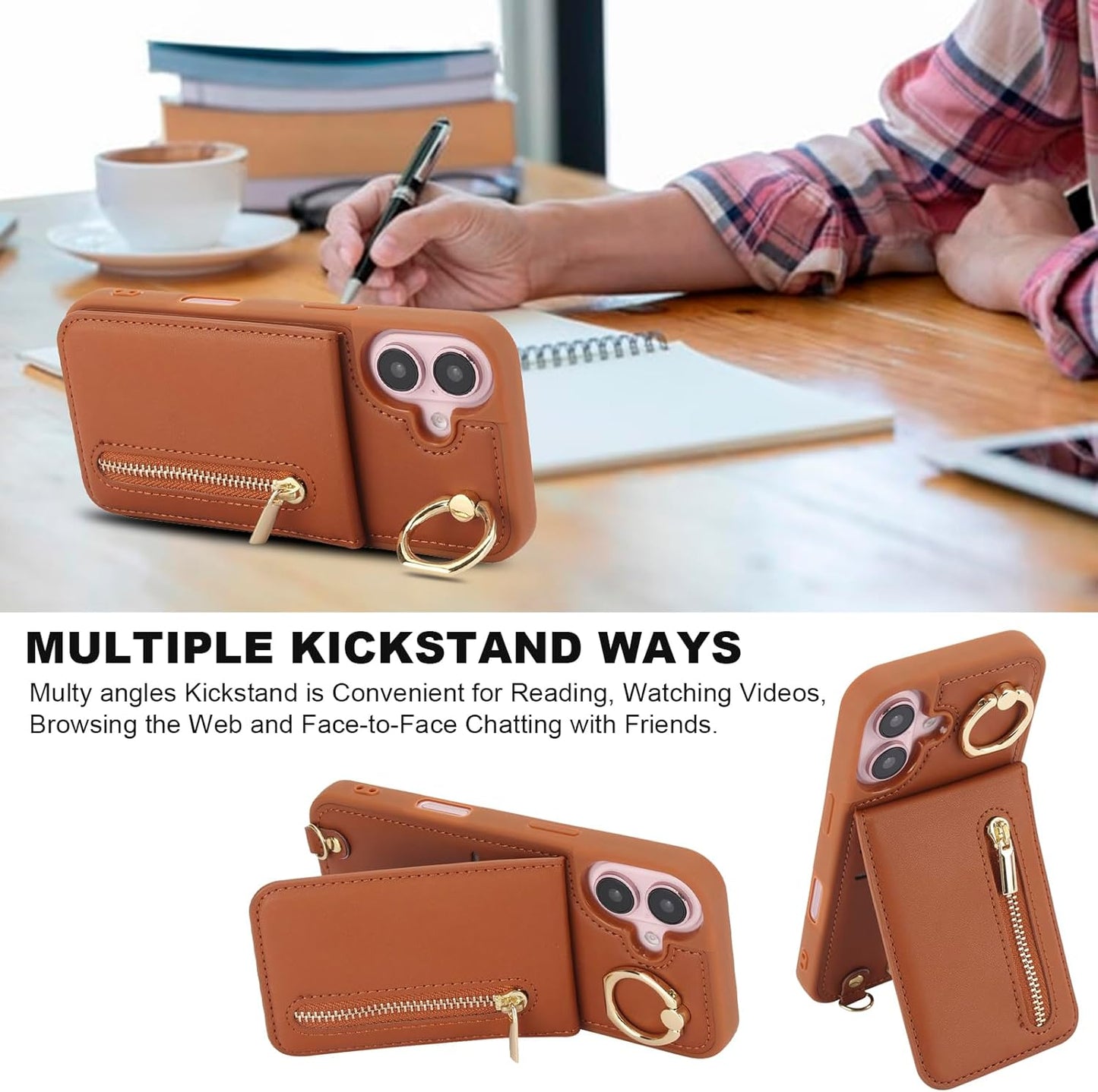 Crossbody Wallet Case for Iphone 16, with Card Slots Zipper Pocket Case, Flip Folio Purse RFID Blocking with Ring Kickstand Detachable Strap-Brown